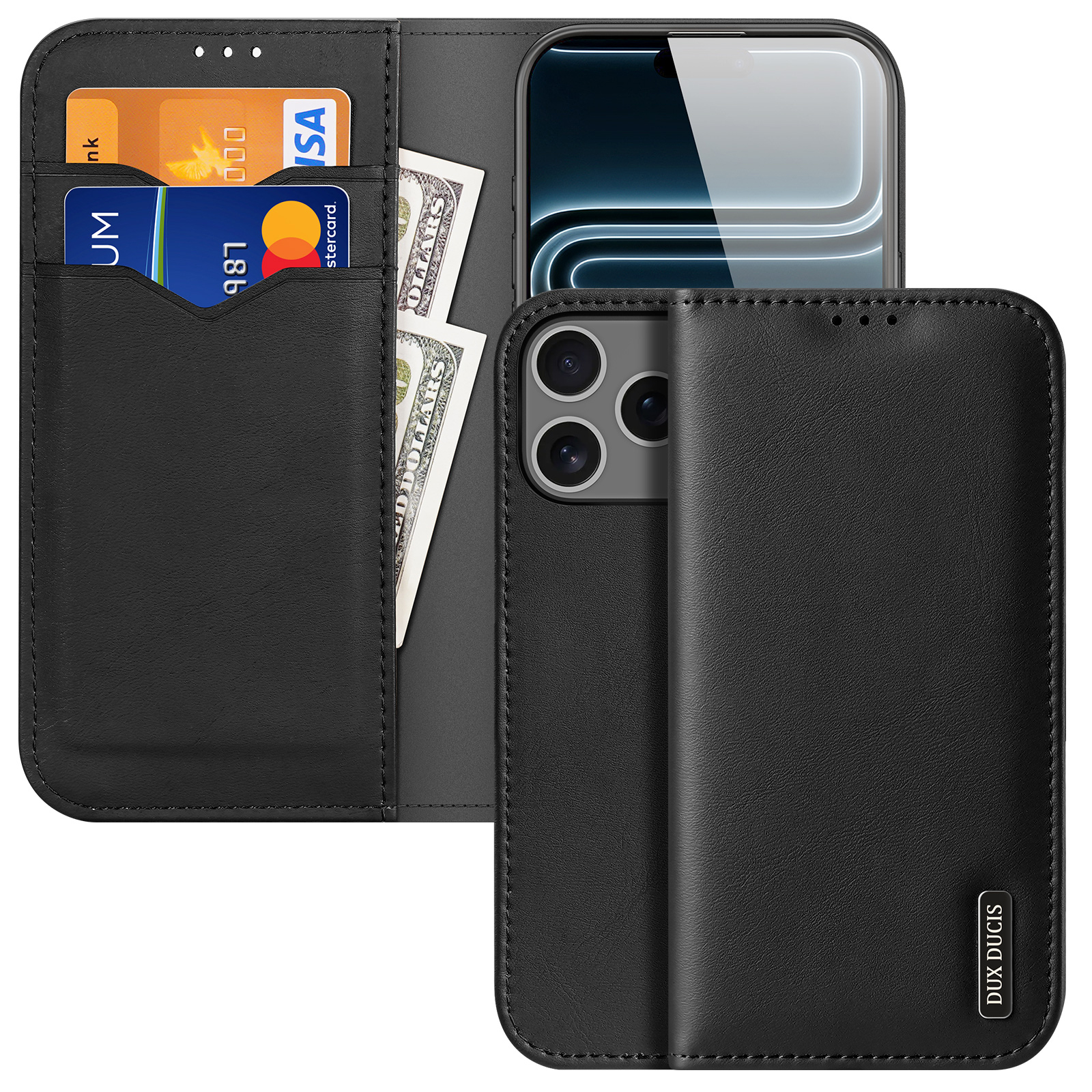 DUX DUCIS for iPhone 18 Pro Max / 17 Pro Max Case Hivo Series Cowhide Leather RFID Blocking Wallet Stand Flip Phone Cover - Black