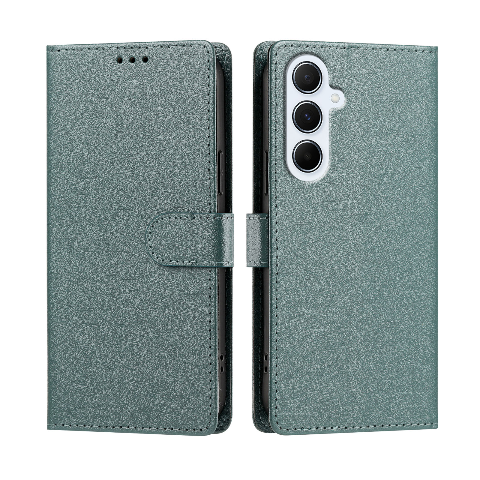 For Samsung Galaxy A16 4G / Galaxy A16 5G Case Silk Texture PU Leather Wallet Flip Stand Phone Cover with Wrist Strap - Blackish Green