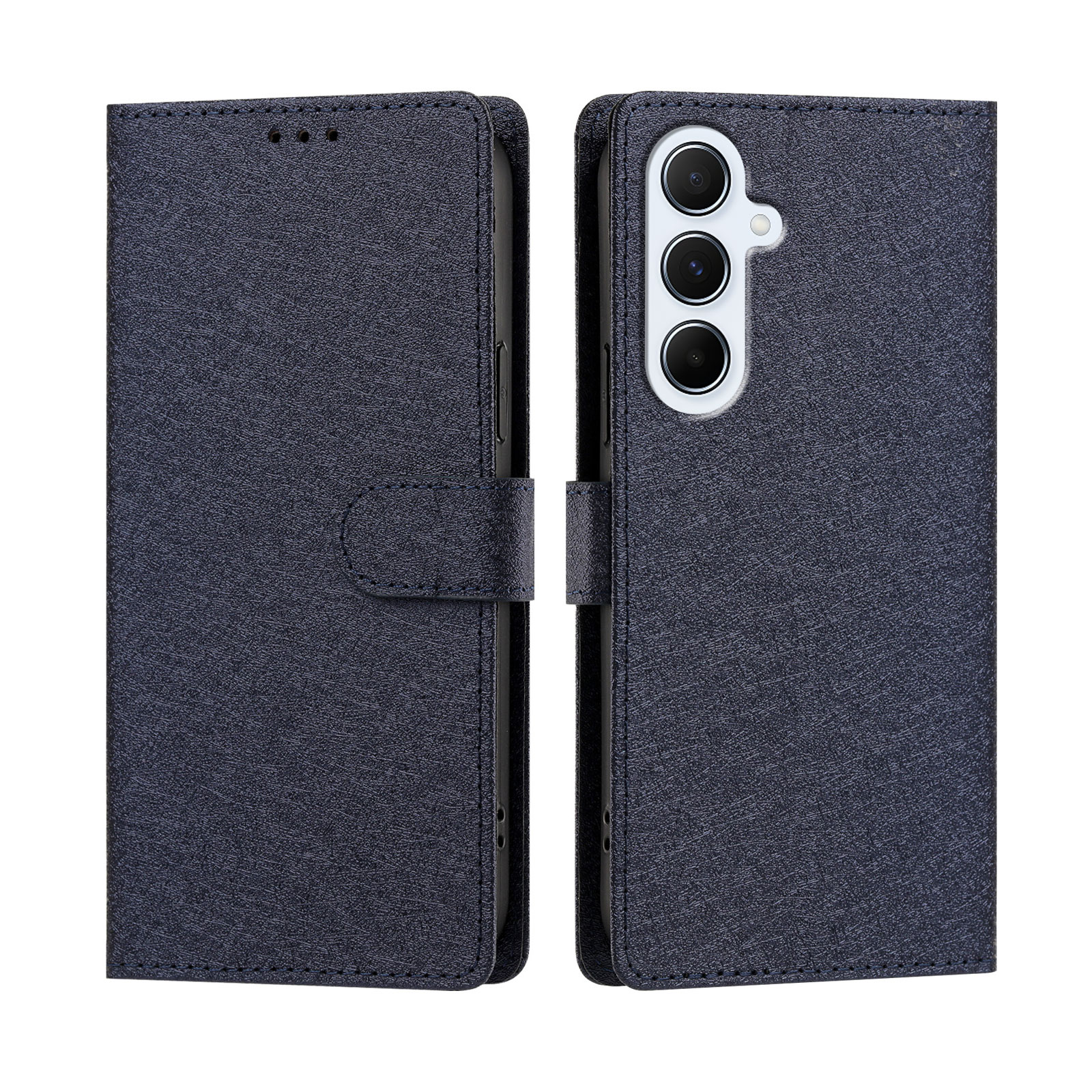 For Samsung Galaxy A16 4G / Galaxy A16 5G Case Silk Texture PU Leather Wallet Flip Stand Phone Cover with Wrist Strap - Dark Blue