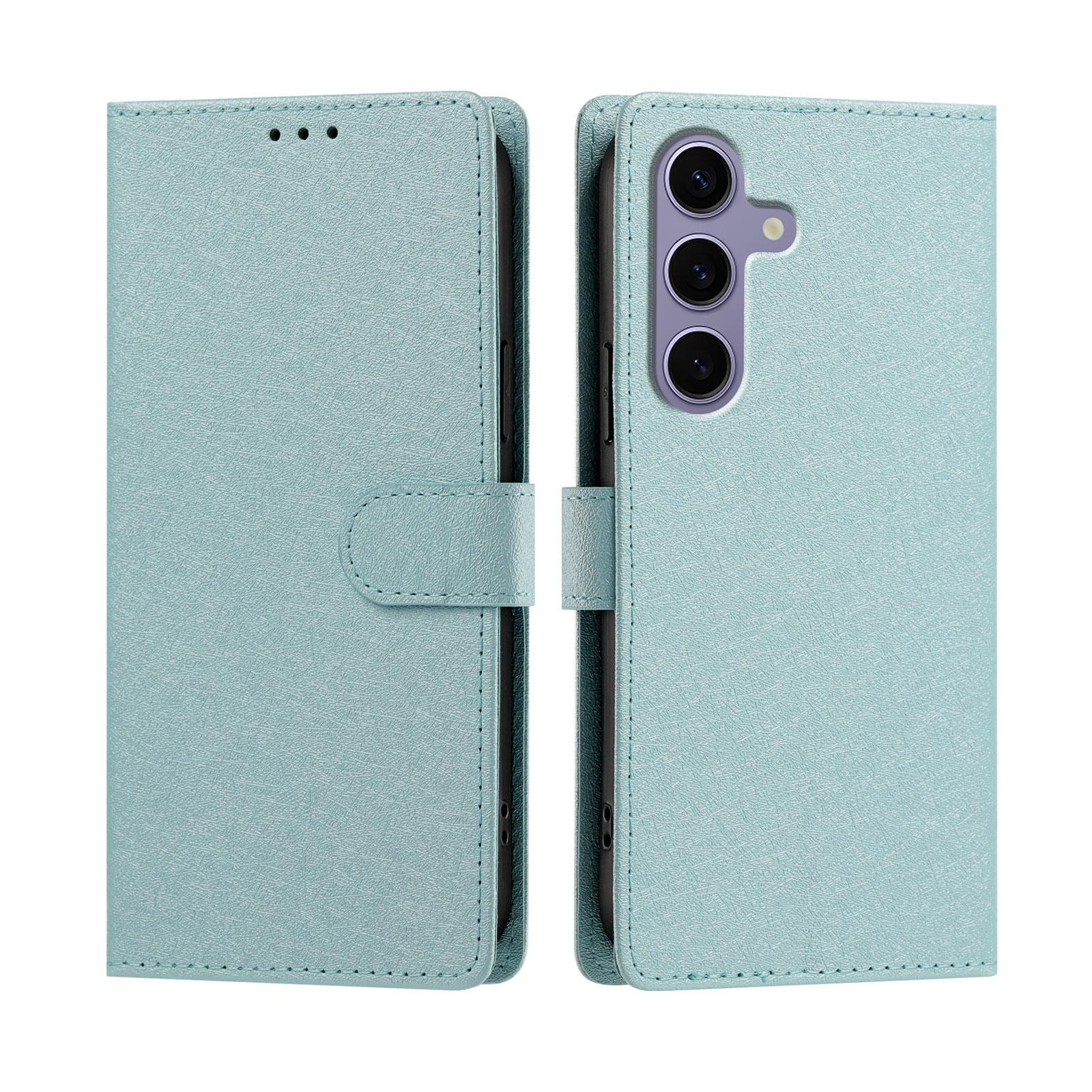 For Samsung Galaxy S24+ / Galaxy S25+ Case Silk Texture PU Leather Wallet Flip Stand Phone Cover with Wrist Strap - Mint Green