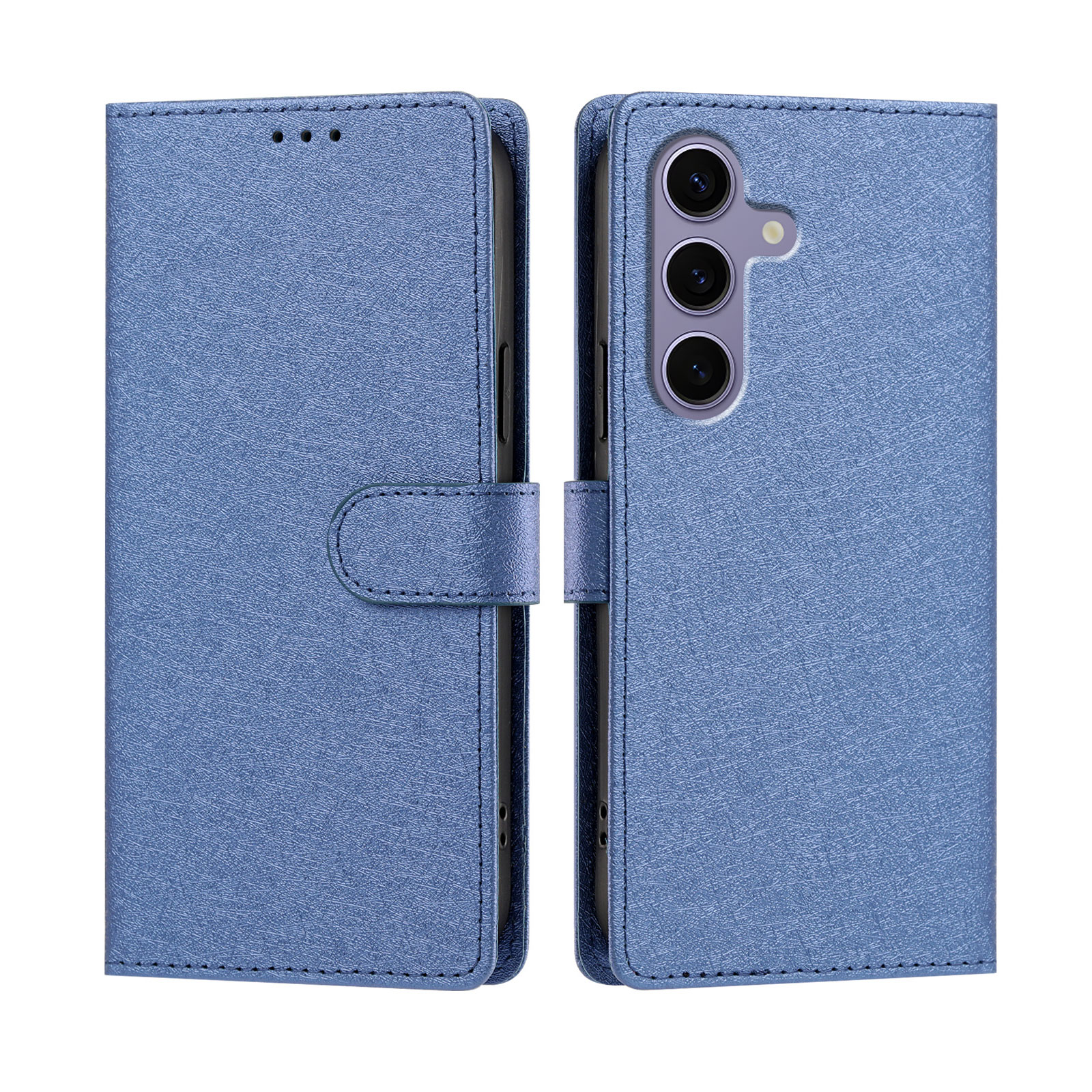 For Samsung Galaxy S24+ / Galaxy S25+ Case Silk Texture PU Leather Wallet Flip Stand Phone Cover with Wrist Strap - Blue