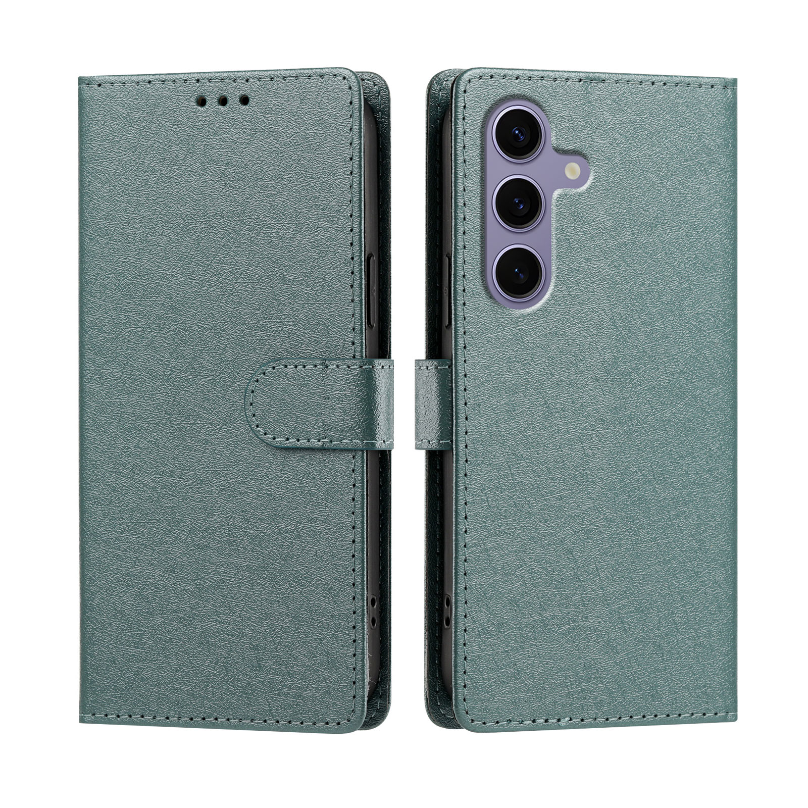 For Samsung Galaxy S24+ / Galaxy S25+ Case Silk Texture PU Leather Wallet Flip Stand Phone Cover with Wrist Strap - Blackish Green