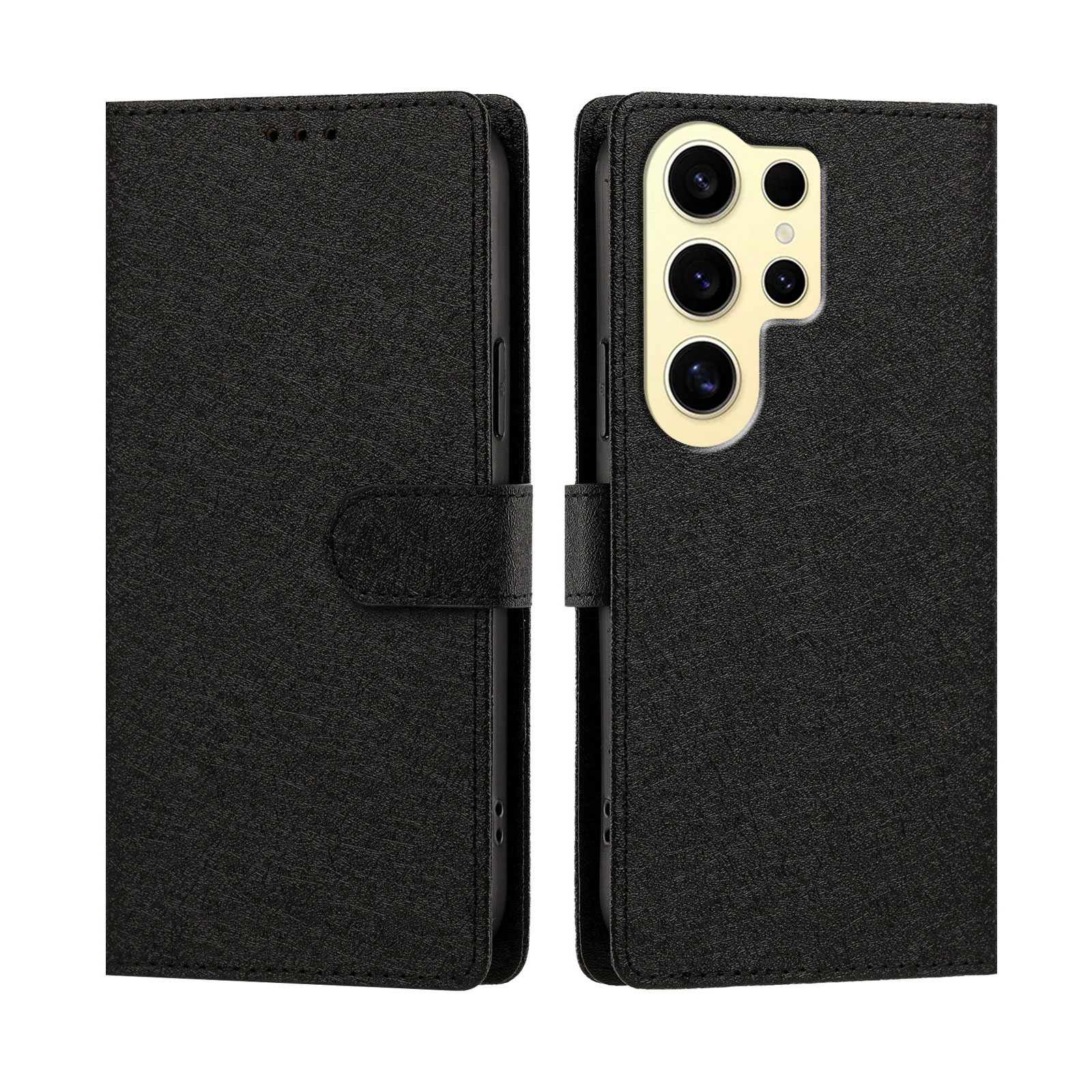 For Samsung Galaxy S24 Ultra Case Silk Texture PU Leather Wallet Flip Stand Phone Cover with Wrist Strap - Black
