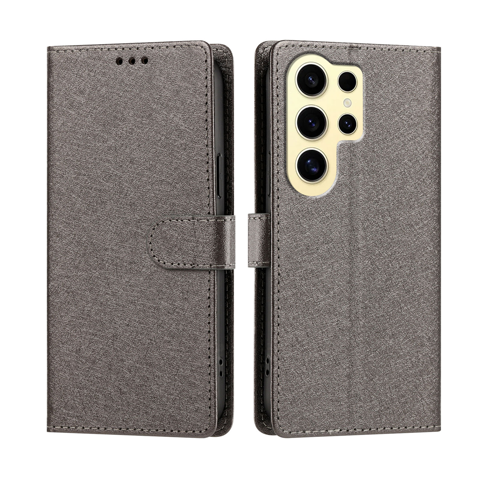 For Samsung Galaxy S24 Ultra Case Silk Texture PU Leather Wallet Flip Stand Phone Cover with Wrist Strap - Grey