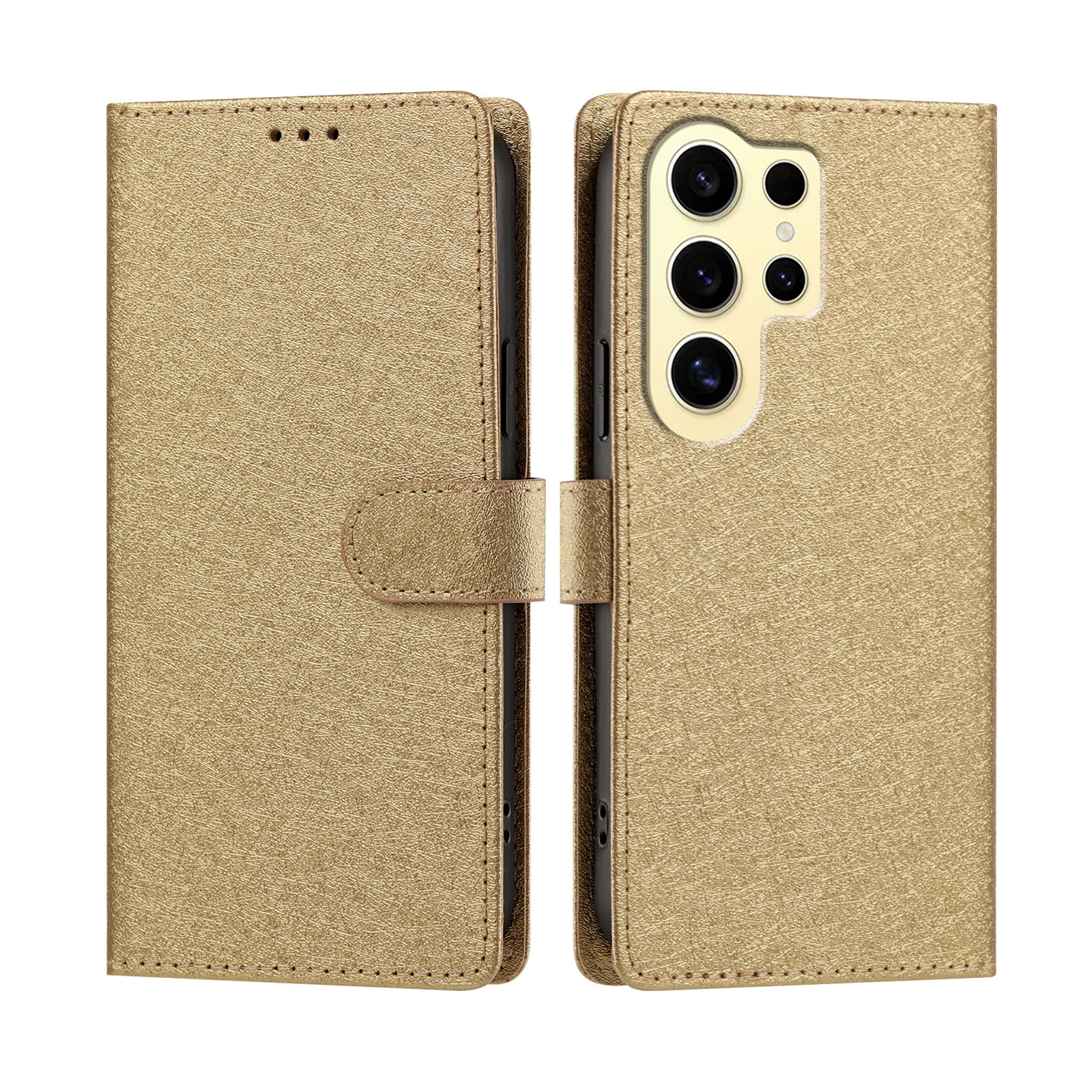 For Samsung Galaxy S24 Ultra Case Silk Texture PU Leather Wallet Flip Stand Phone Cover with Wrist Strap - Gold