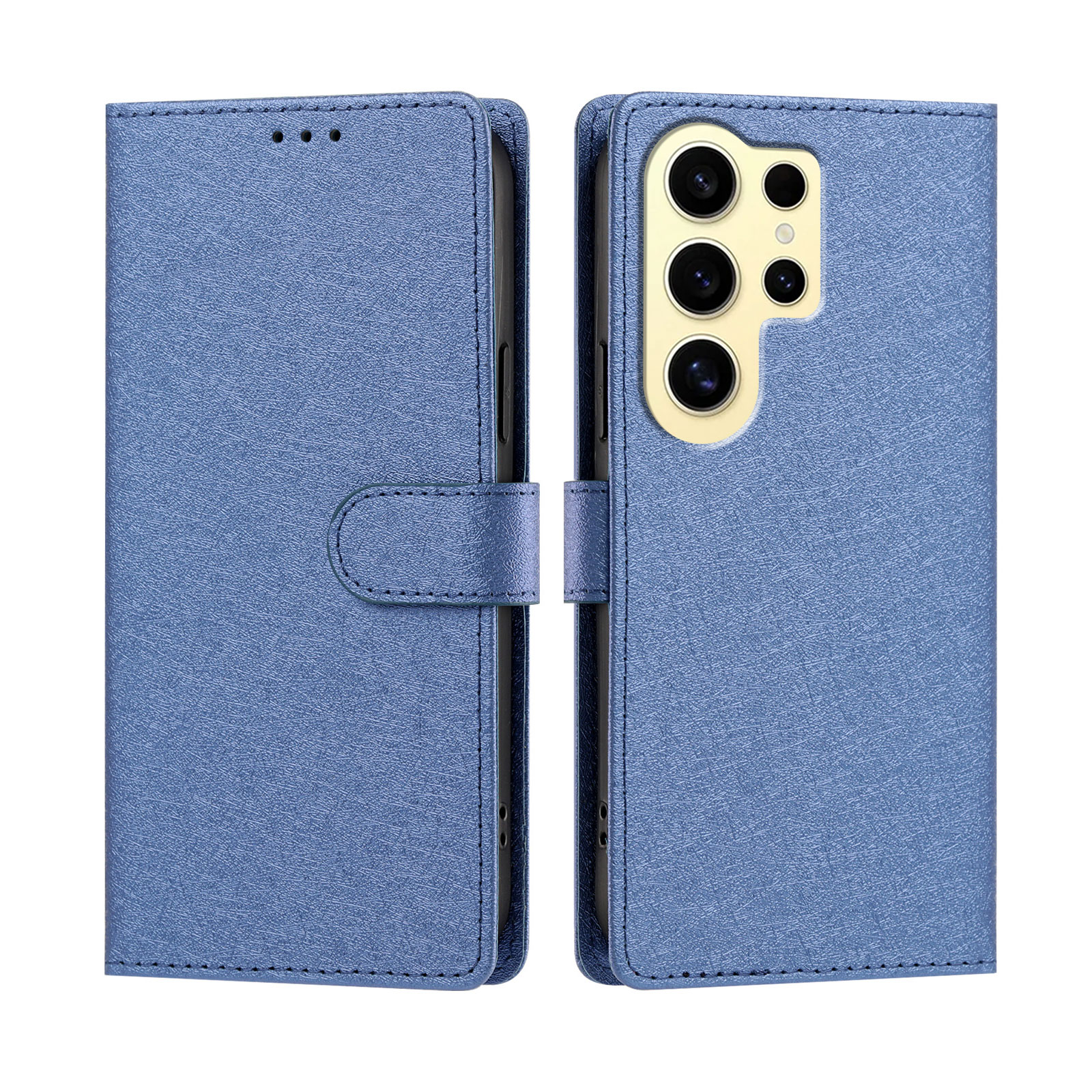 For Samsung Galaxy S24 Ultra Case Silk Texture PU Leather Wallet Flip Stand Phone Cover with Wrist Strap - Blue