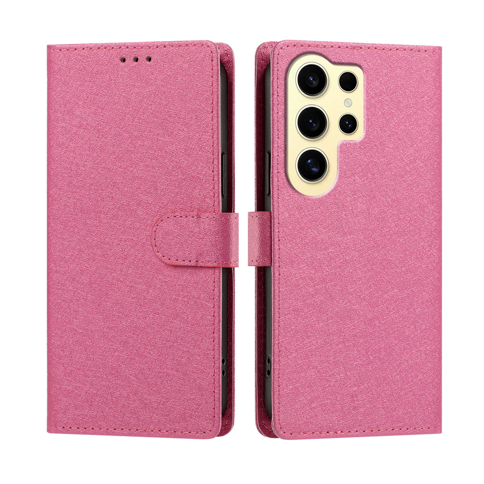 For Samsung Galaxy S24 Ultra Case Silk Texture PU Leather Wallet Flip Stand Phone Cover with Wrist Strap - Rose