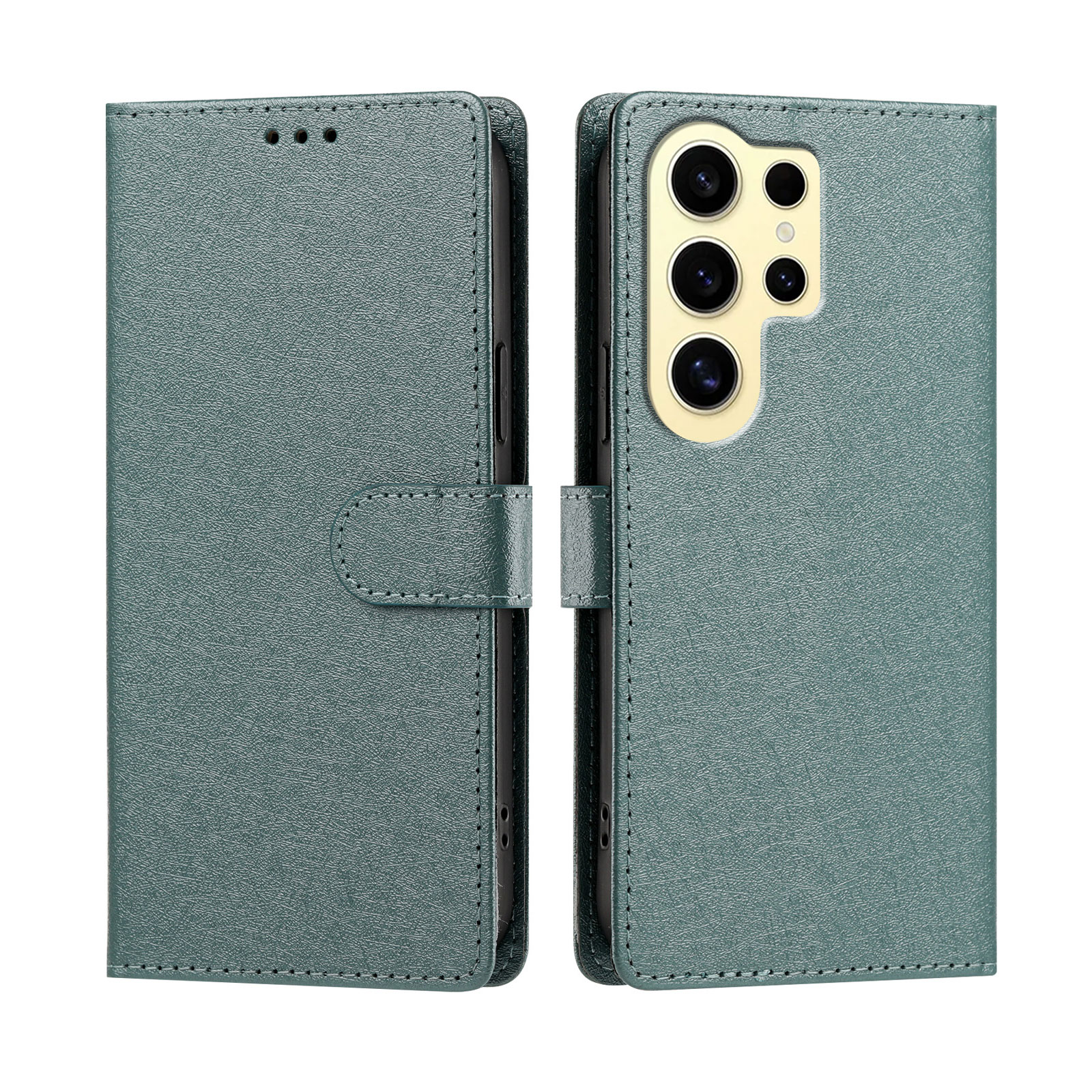 For Samsung Galaxy S24 Ultra Case Silk Texture PU Leather Wallet Flip Stand Phone Cover with Wrist Strap - Blackish Green