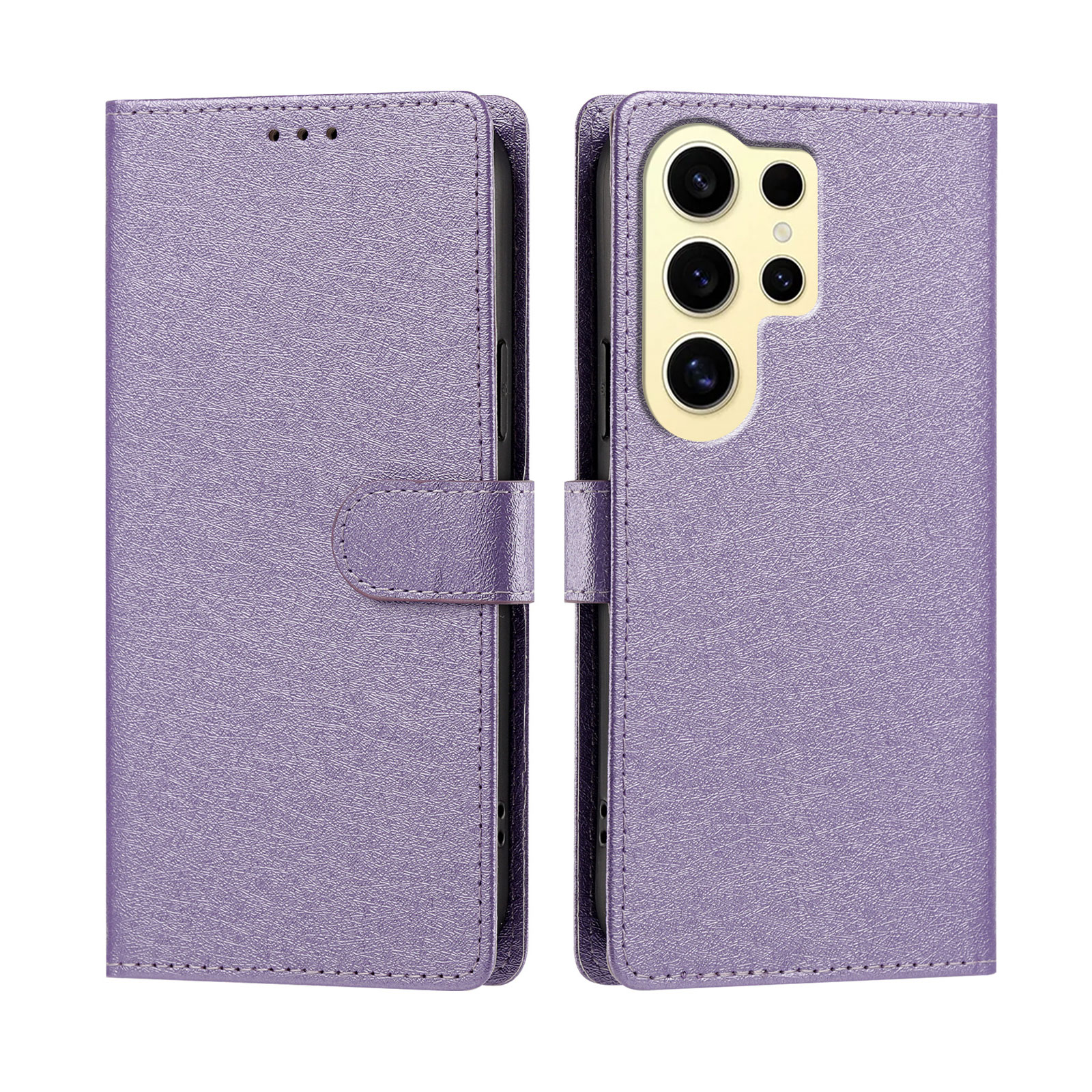 For Samsung Galaxy S24 Ultra Case Silk Texture PU Leather Wallet Flip Stand Phone Cover with Wrist Strap - Light Purple