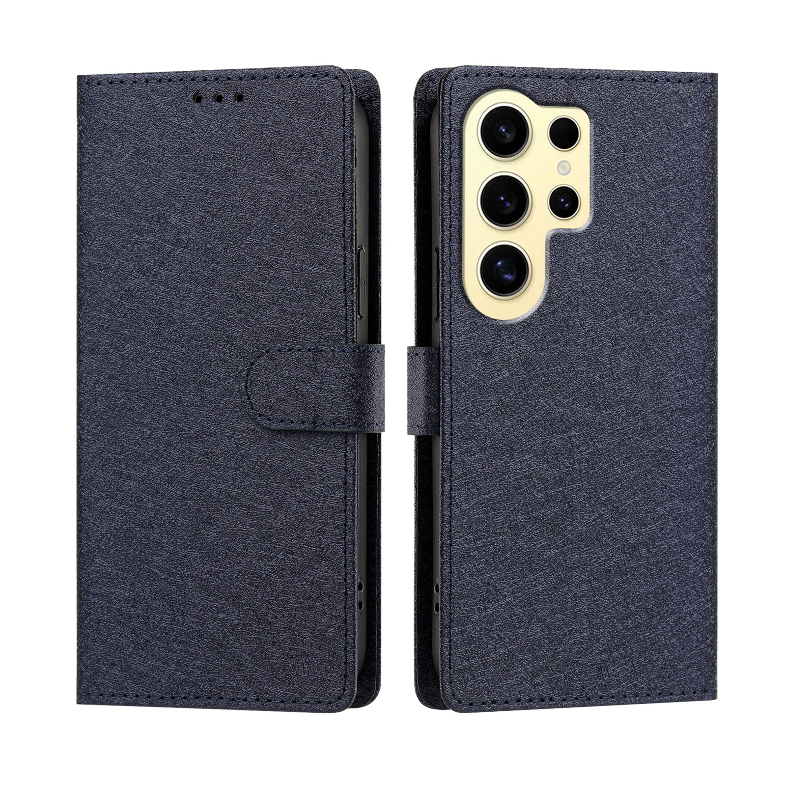 For Samsung Galaxy S24 Ultra Case Silk Texture PU Leather Wallet Flip Stand Phone Cover with Wrist Strap - Dark Blue