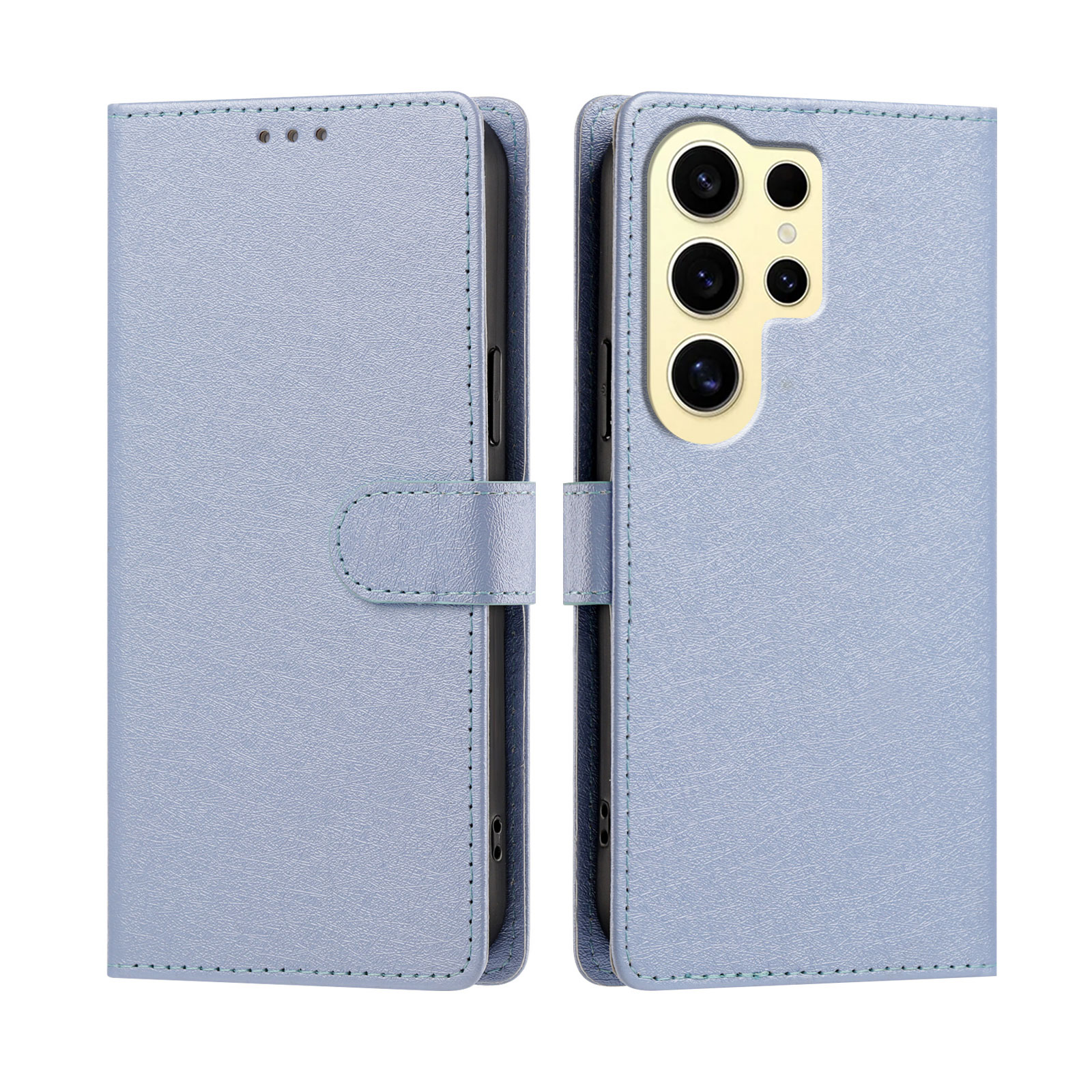 For Samsung Galaxy S24 Ultra Case Silk Texture PU Leather Wallet Flip Stand Phone Cover with Wrist Strap - Sky Blue