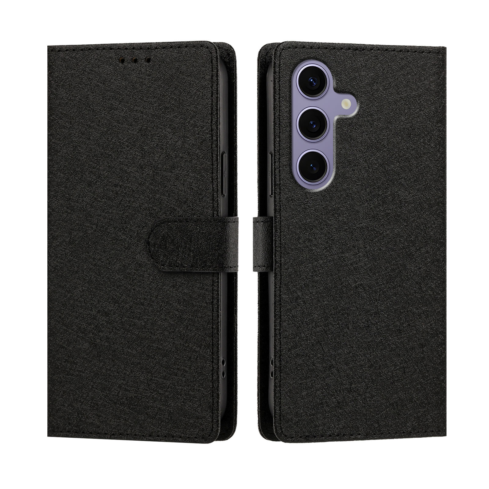 For Samsung Galaxy S24 FE Case Silk Texture PU Leather Wallet Flip Stand Phone Cover with Wrist Strap - Black