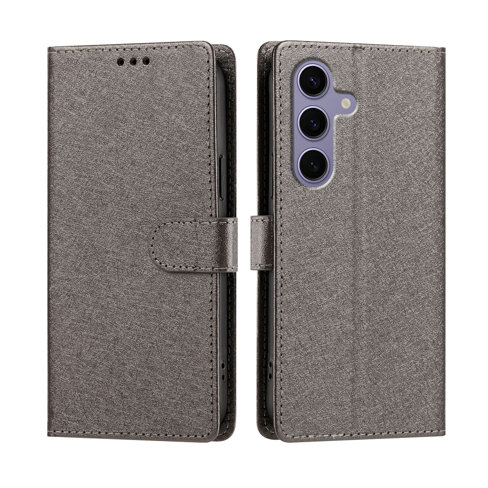 For Samsung Galaxy S24 FE Case Silk Texture PU Leather Wallet Flip Stand Phone Cover with Wrist Strap - Grey