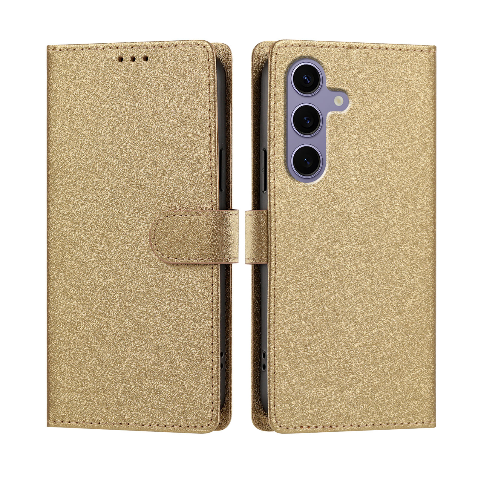 For Samsung Galaxy S24 FE Case Silk Texture PU Leather Wallet Flip Stand Phone Cover with Wrist Strap - Gold