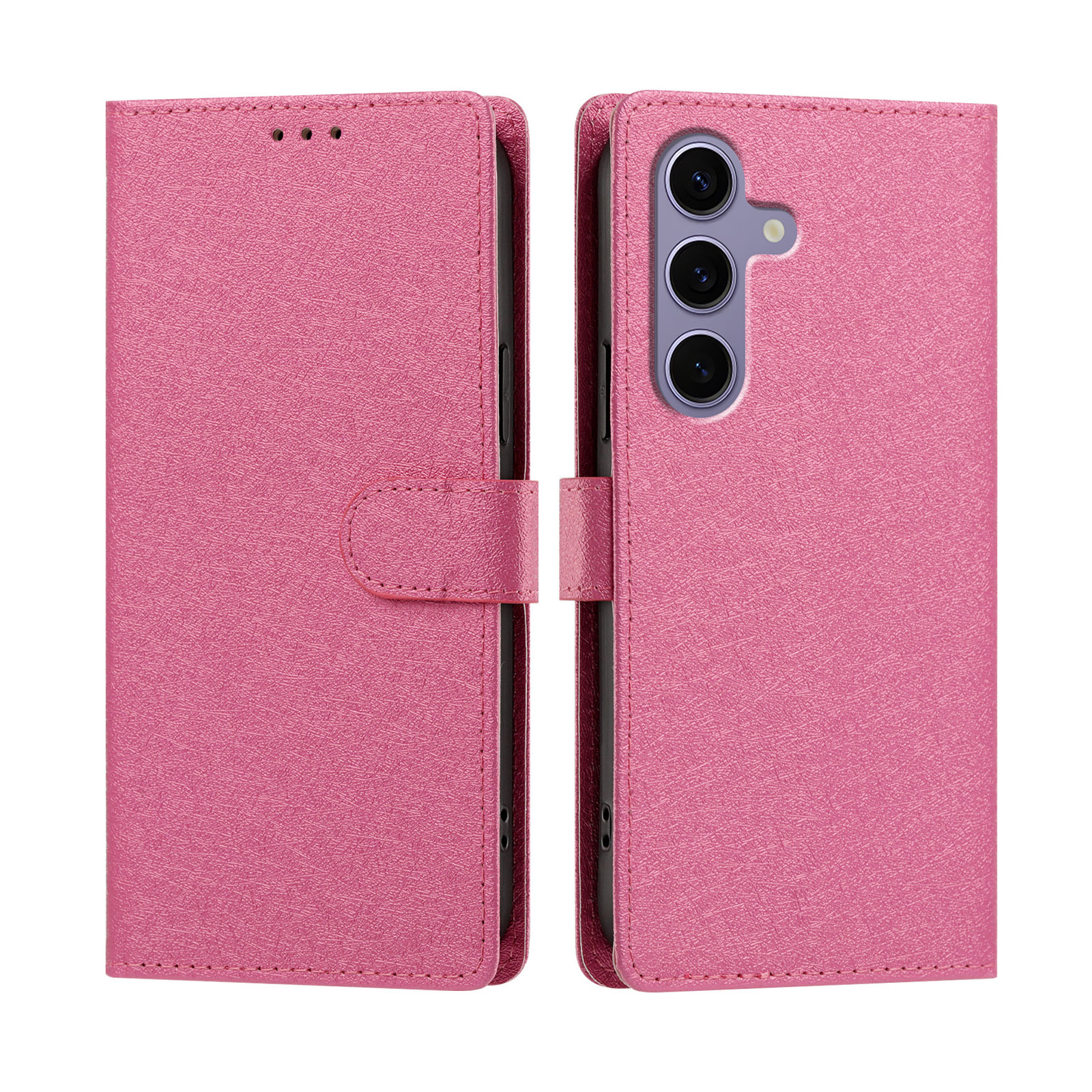 For Samsung Galaxy S24 FE Case Silk Texture PU Leather Wallet Flip Stand Phone Cover with Wrist Strap - Rose