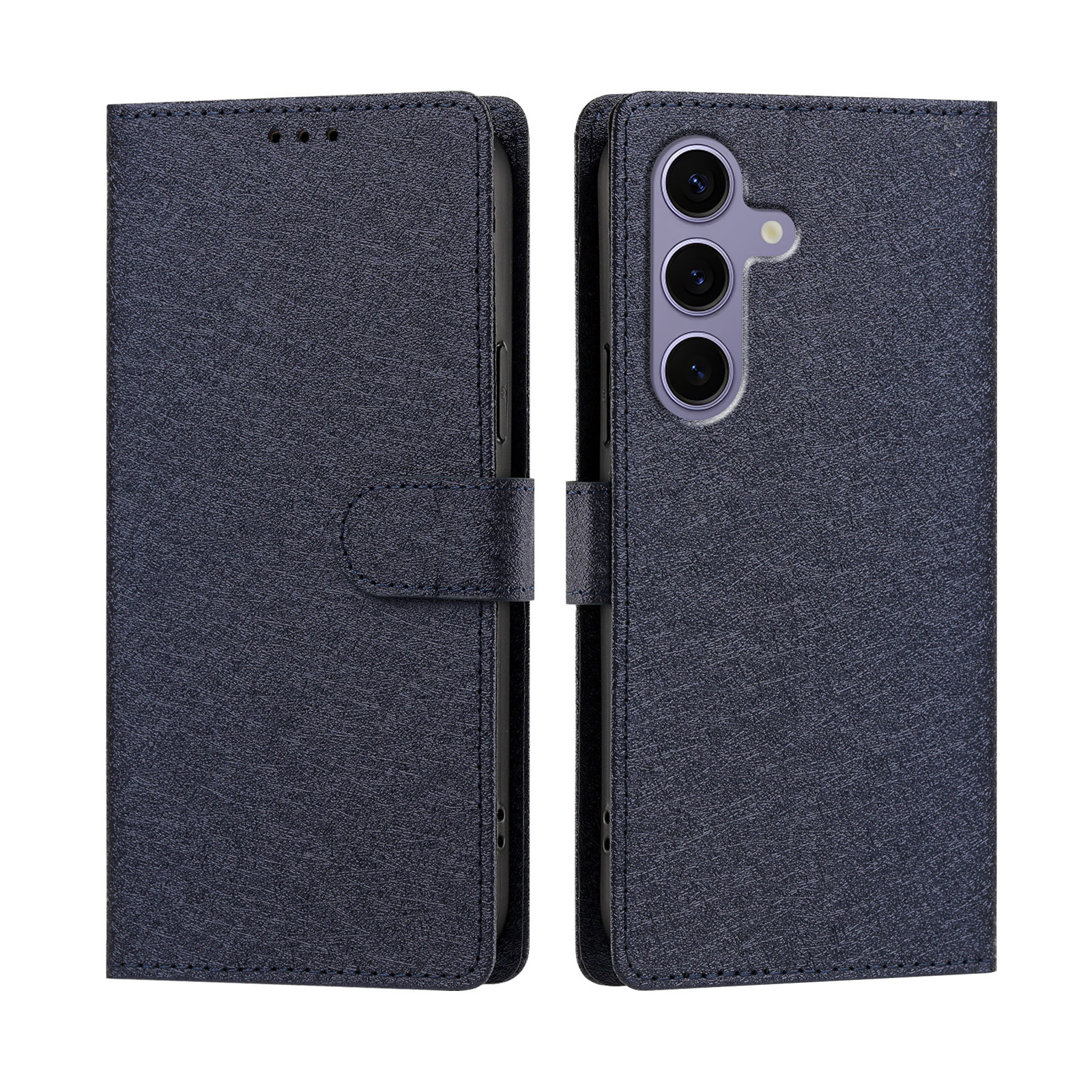 For Samsung Galaxy S24 FE Case Silk Texture PU Leather Wallet Flip Stand Phone Cover with Wrist Strap - Dark Blue