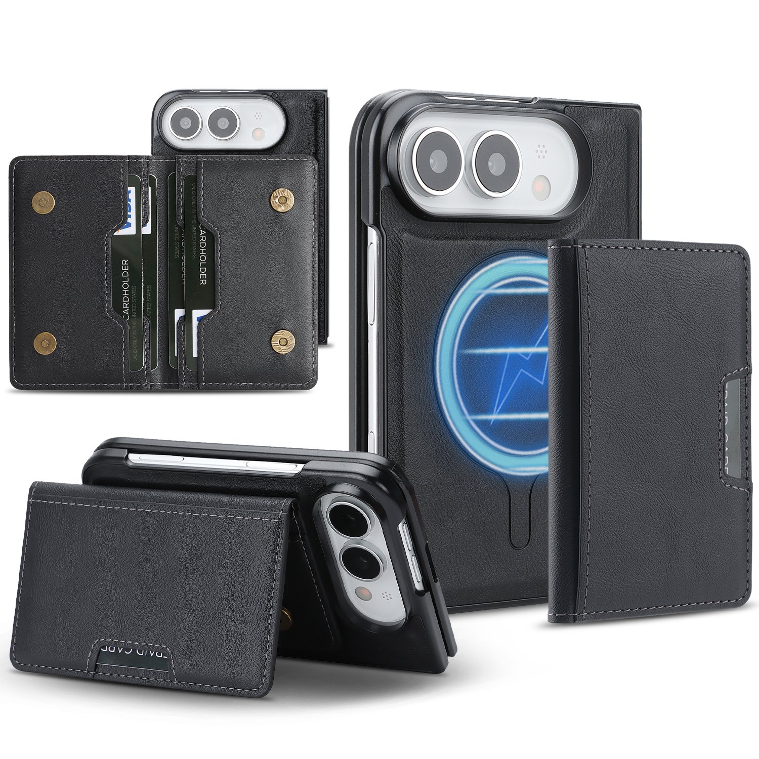 For iPhone Duo Magnetic Case Bi-fold Card Bag Kickstand PU Leather Coated TPU Cover - Black