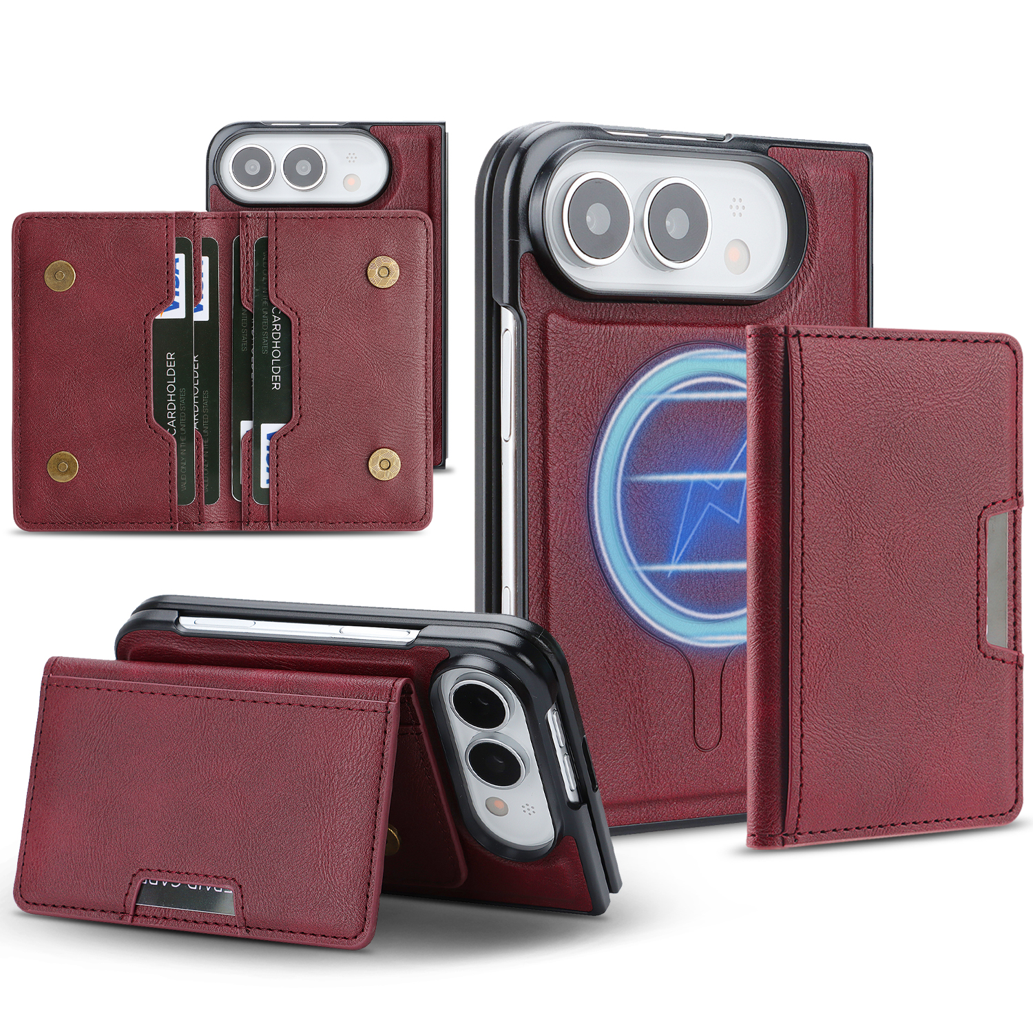 For iPhone Duo Magnetic Case Bi-fold Card Bag Kickstand PU Leather Coated TPU Cover - Red
