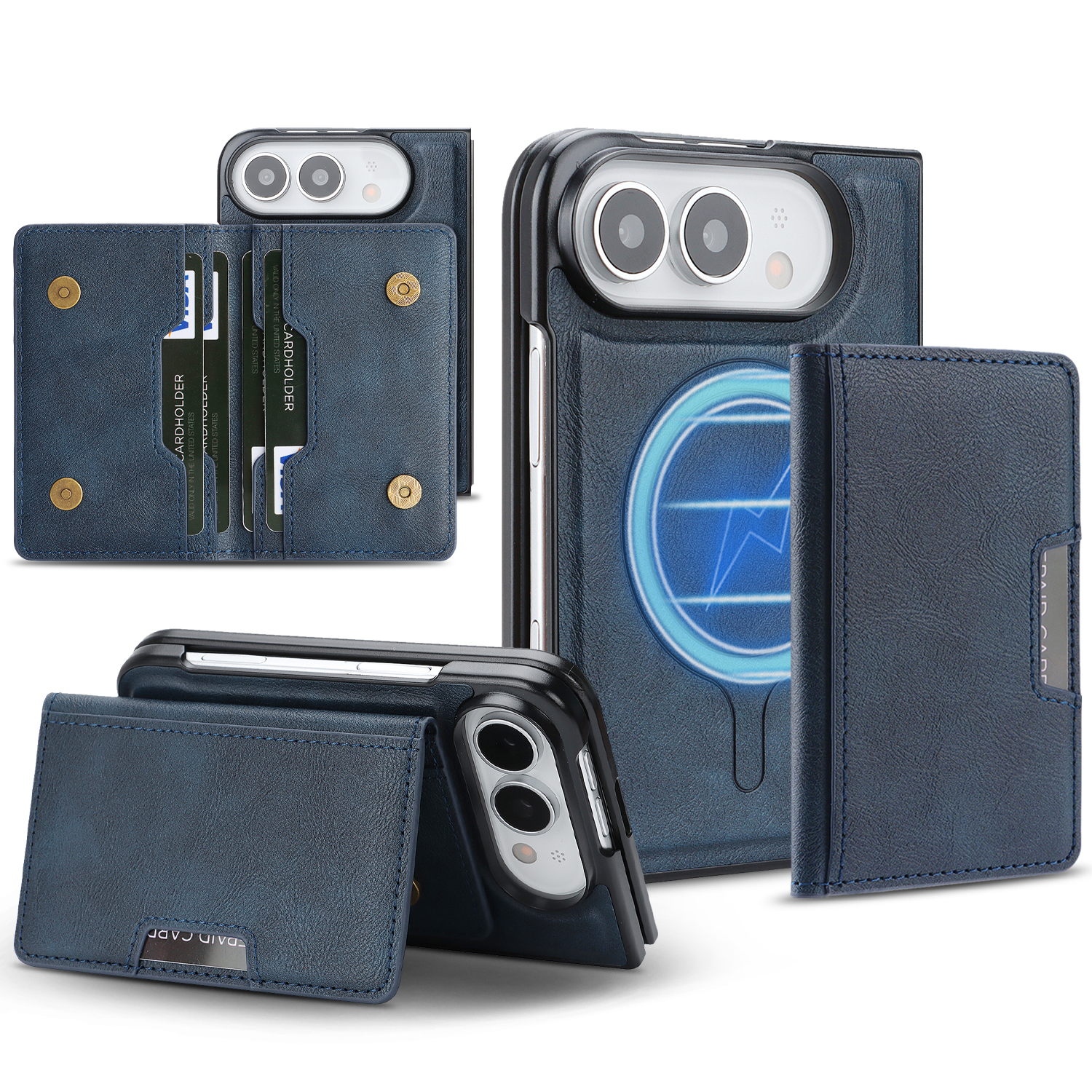 For iPhone Duo Magnetic Case Bi-fold Card Bag Kickstand PU Leather Coated TPU Cover - Blue
