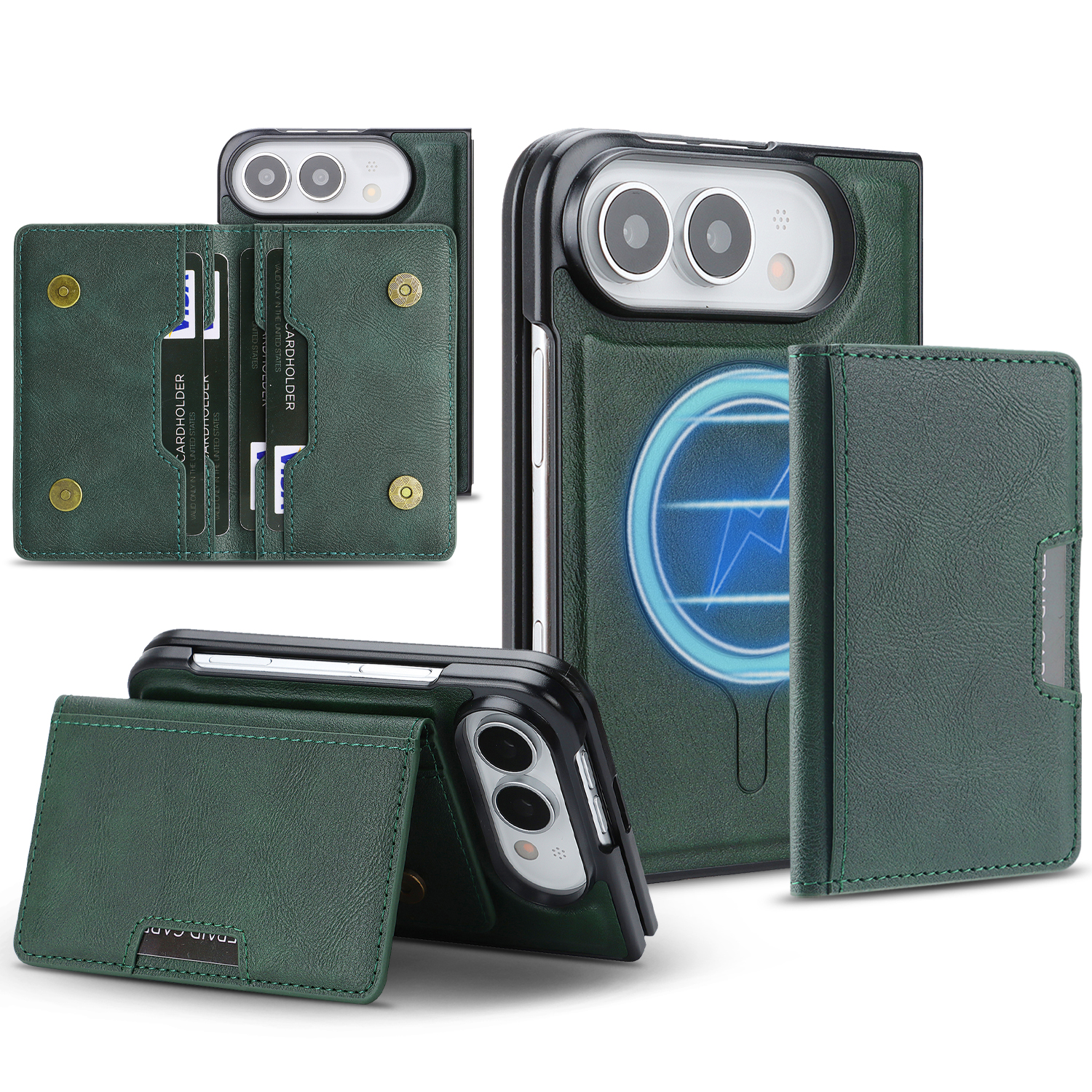 For iPhone Duo Magnetic Case Bi-fold Card Bag Kickstand PU Leather Coated TPU Cover - Green