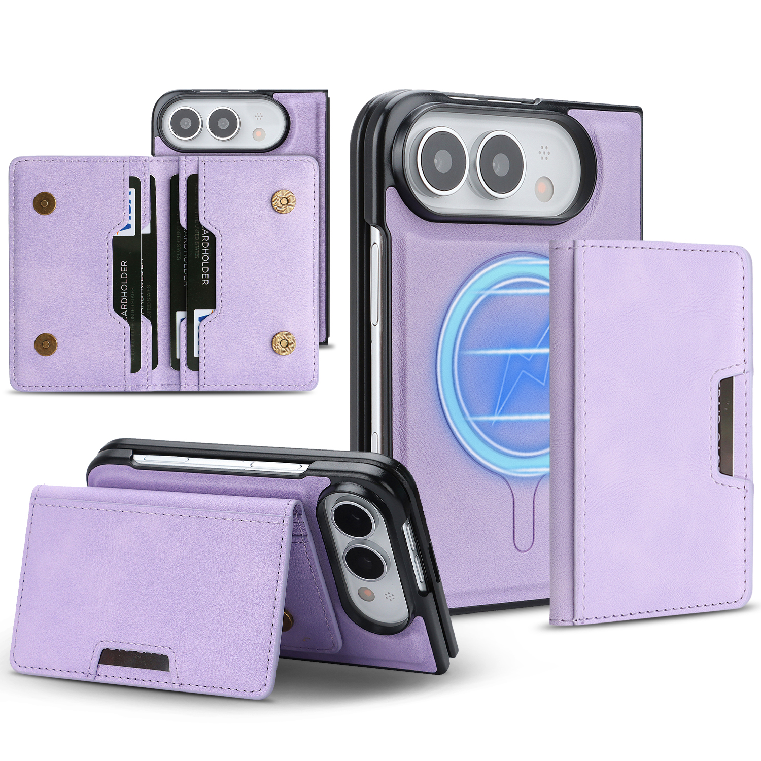 For iPhone Duo Magnetic Case Bi-fold Card Bag Kickstand PU Leather Coated TPU Cover - Purple