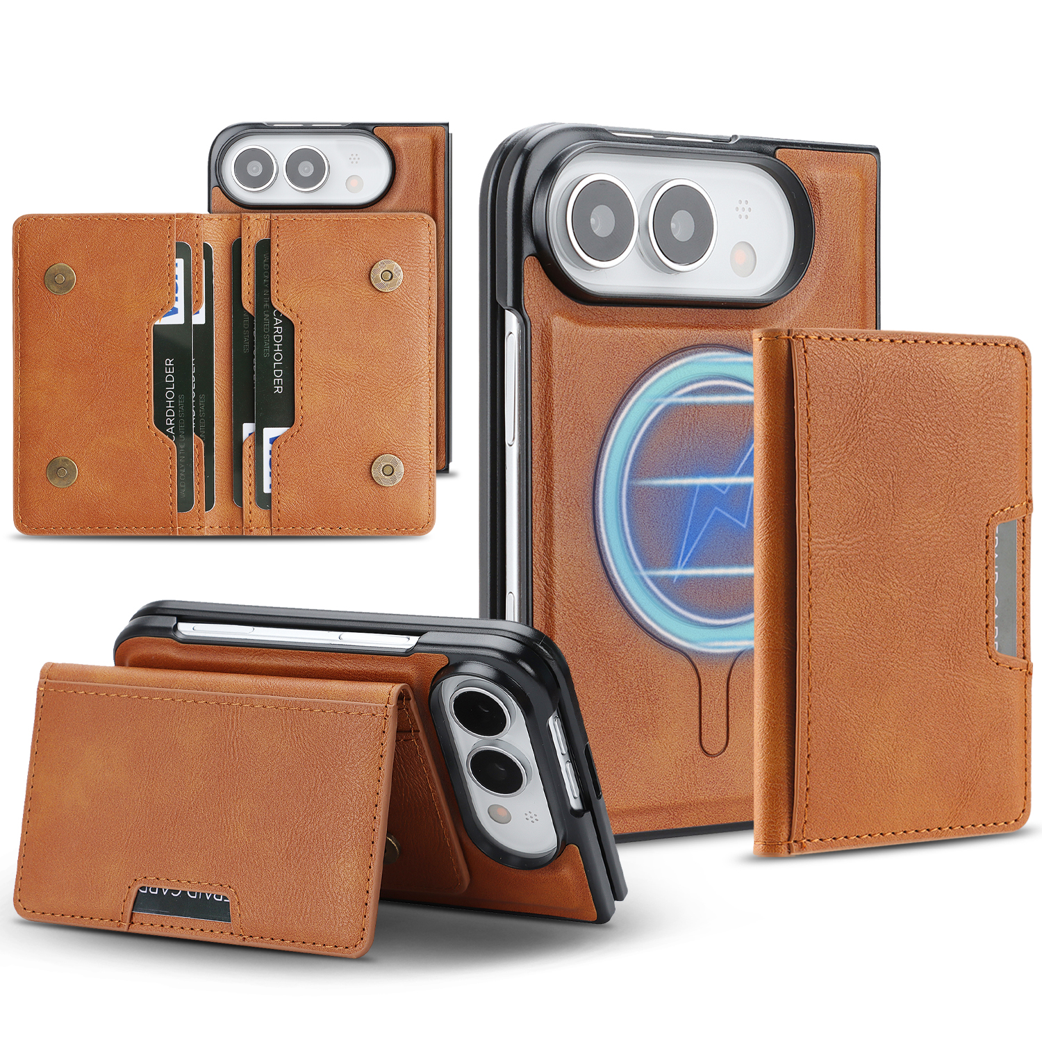 For iPhone Duo Magnetic Case Bi-fold Card Bag Kickstand PU Leather Coated TPU Cover - Brown