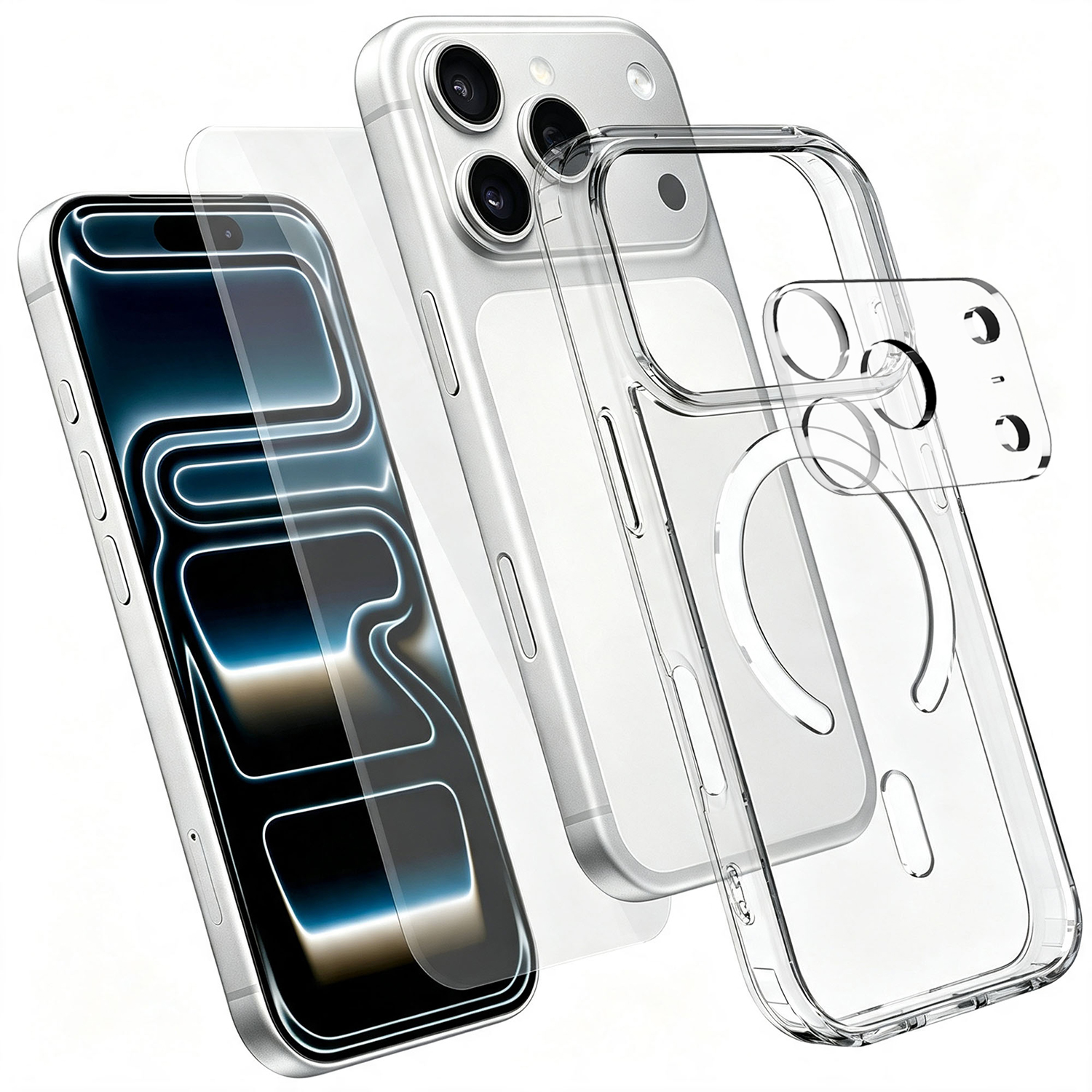 For iPhone 18 Pro Magnetic Case TPU + PC Clear Phone Cover with High Aluminium-silicon Glass Screen Protector + Tempered Glass Lens Protector - Transparent