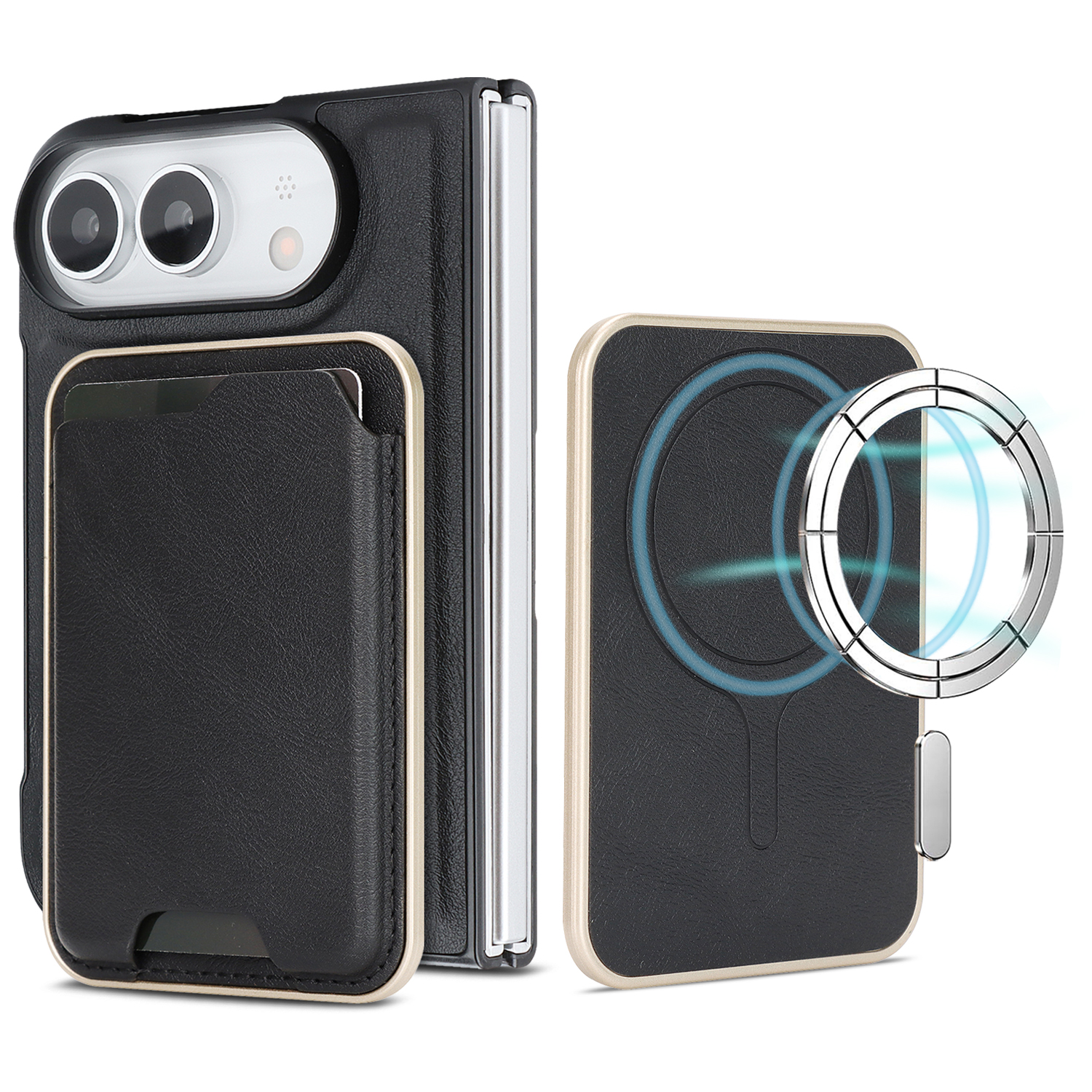 For iPhone Duo Magnetic Case Ultra Thin Card Holder PU Leather Coated TPU Cover - Black