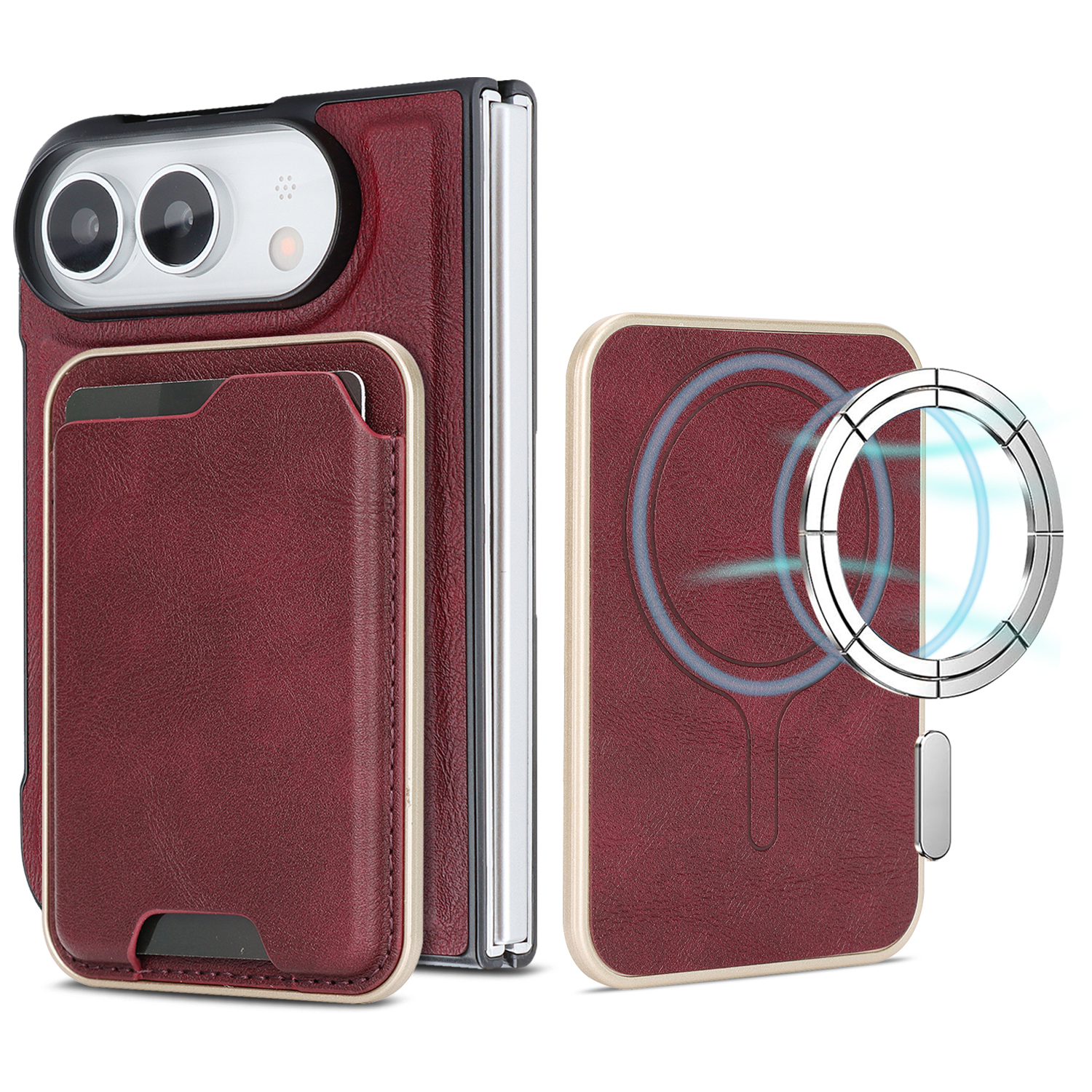 For iPhone Duo Magnetic Case Ultra Thin Card Holder PU Leather Coated TPU Cover - Red