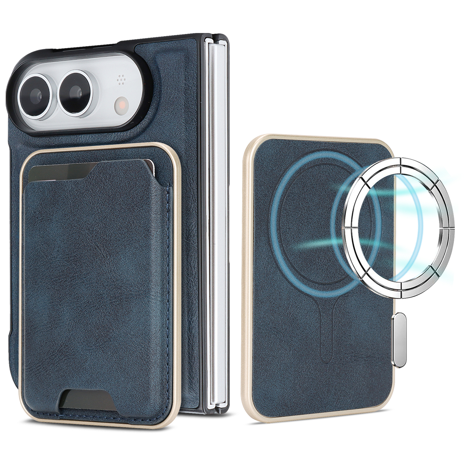 For iPhone Duo Magnetic Case Ultra Thin Card Holder PU Leather Coated TPU Cover - Blue