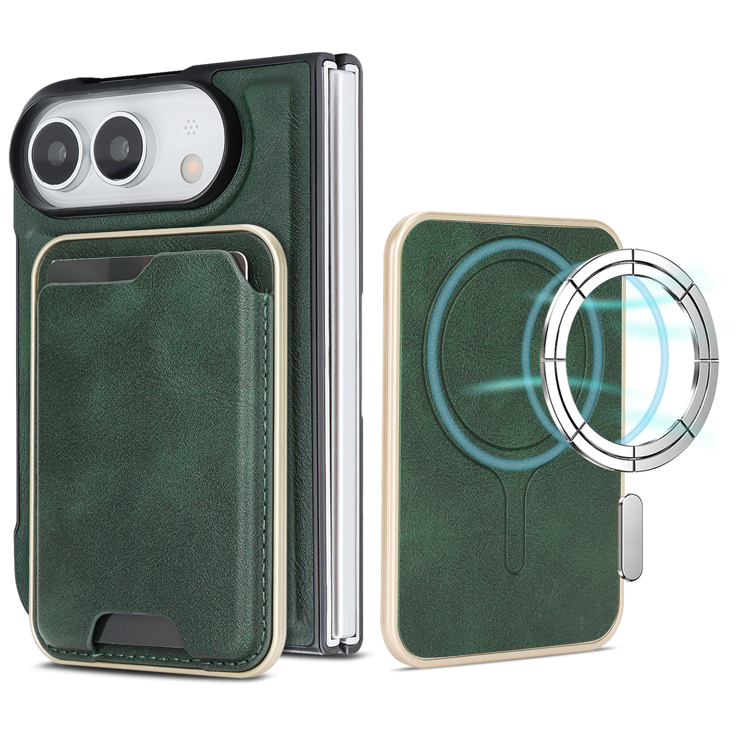 For iPhone Duo Magnetic Case Ultra Thin Card Holder PU Leather Coated TPU Cover - Green