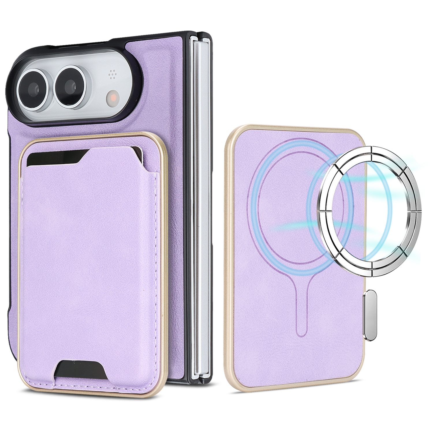 For iPhone Duo Magnetic Case Ultra Thin Card Holder PU Leather Coated TPU Cover - Purple