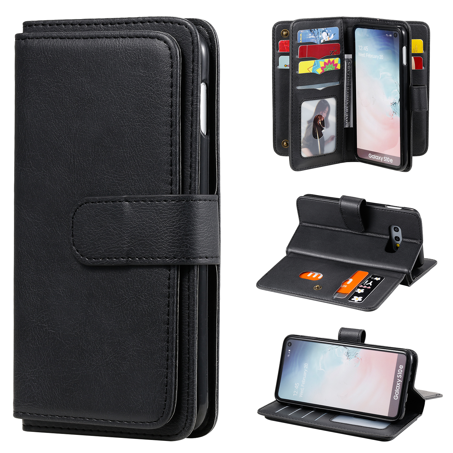 For Samsung Galaxy S10e Leather Case with 10 Card Holder Phone Cover Stand - Black