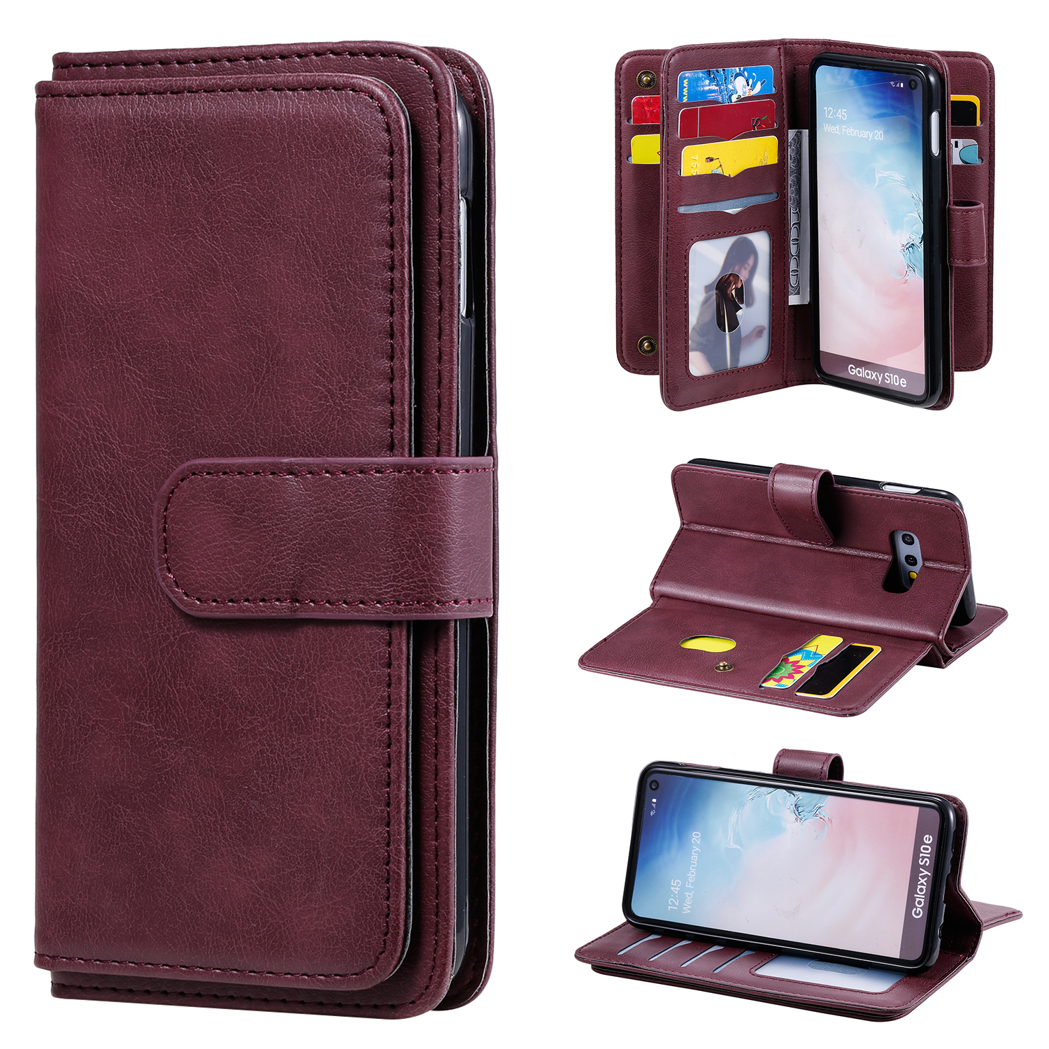 For Samsung Galaxy S10e Leather Case with 10 Card Holder Phone Cover Stand - Wine Red