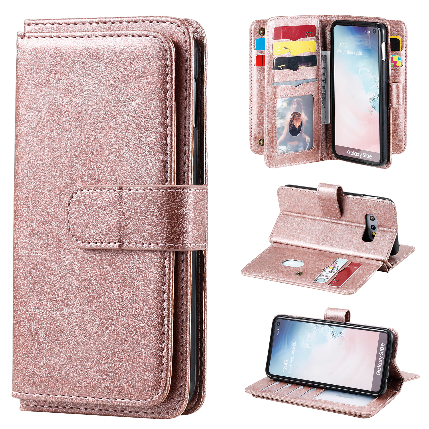 For Samsung Galaxy S10e Leather Case with 10 Card Holder Phone Cover Stand - Rose Gold