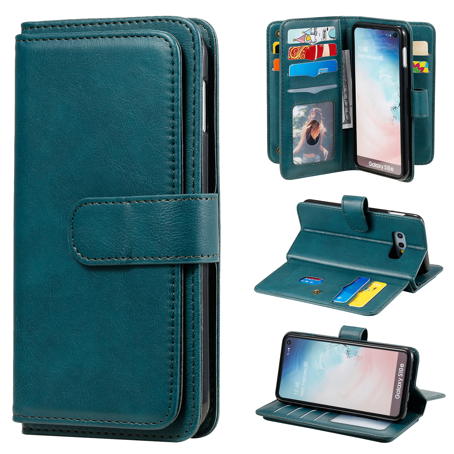 For Samsung Galaxy S10e Leather Case with 10 Card Holder Phone Cover Stand - Green