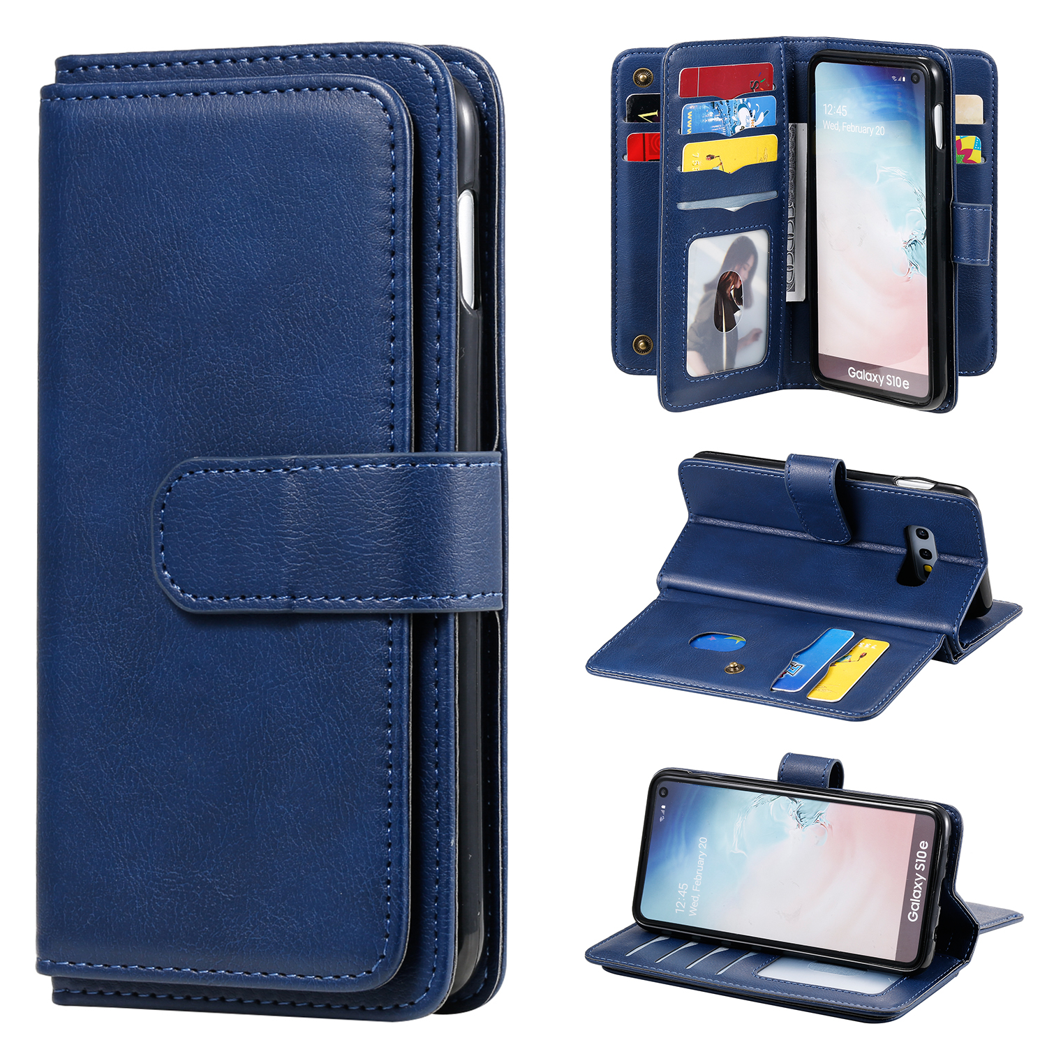 For Samsung Galaxy S10e Leather Case with 10 Card Holder Phone Cover Stand - Blue