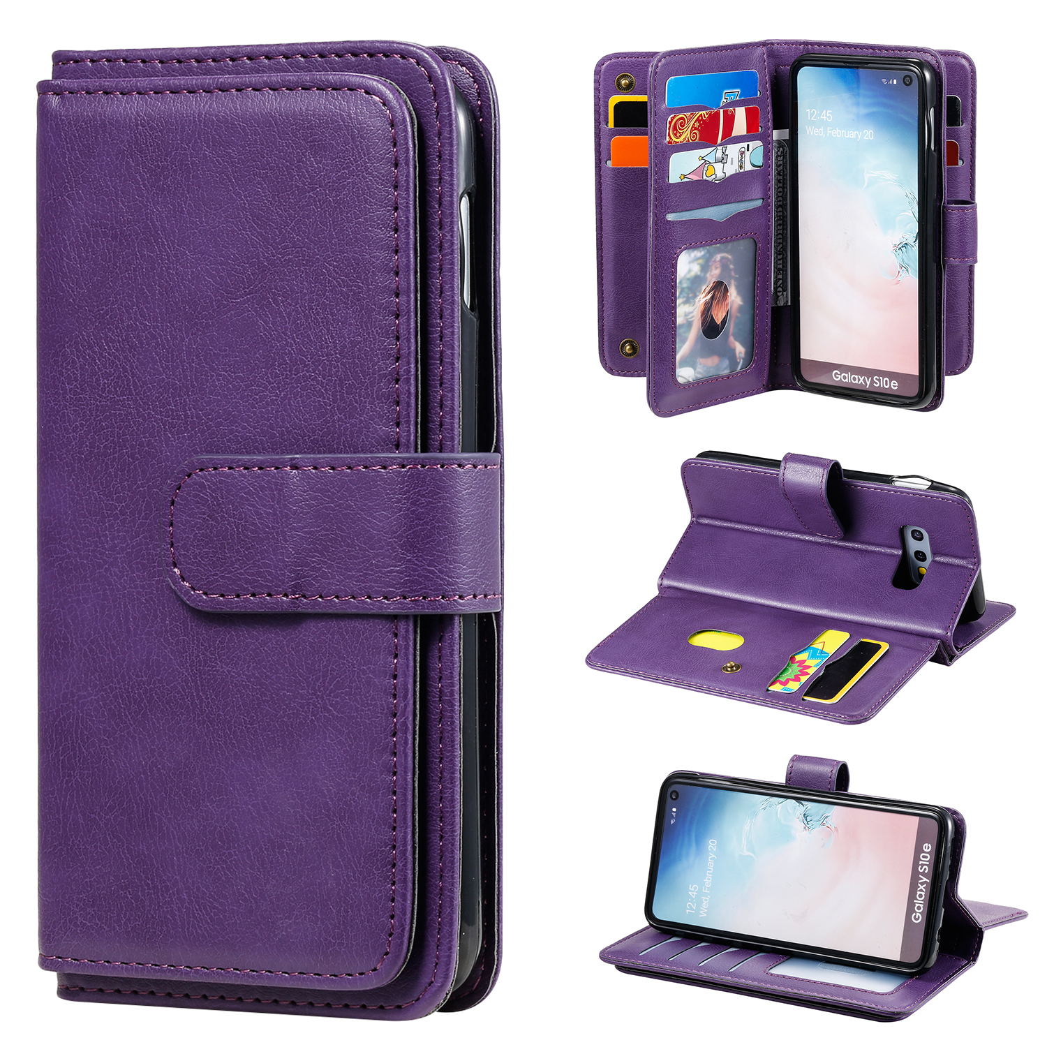For Samsung Galaxy S10e Leather Case with 10 Card Holder Phone Cover Stand - Purple