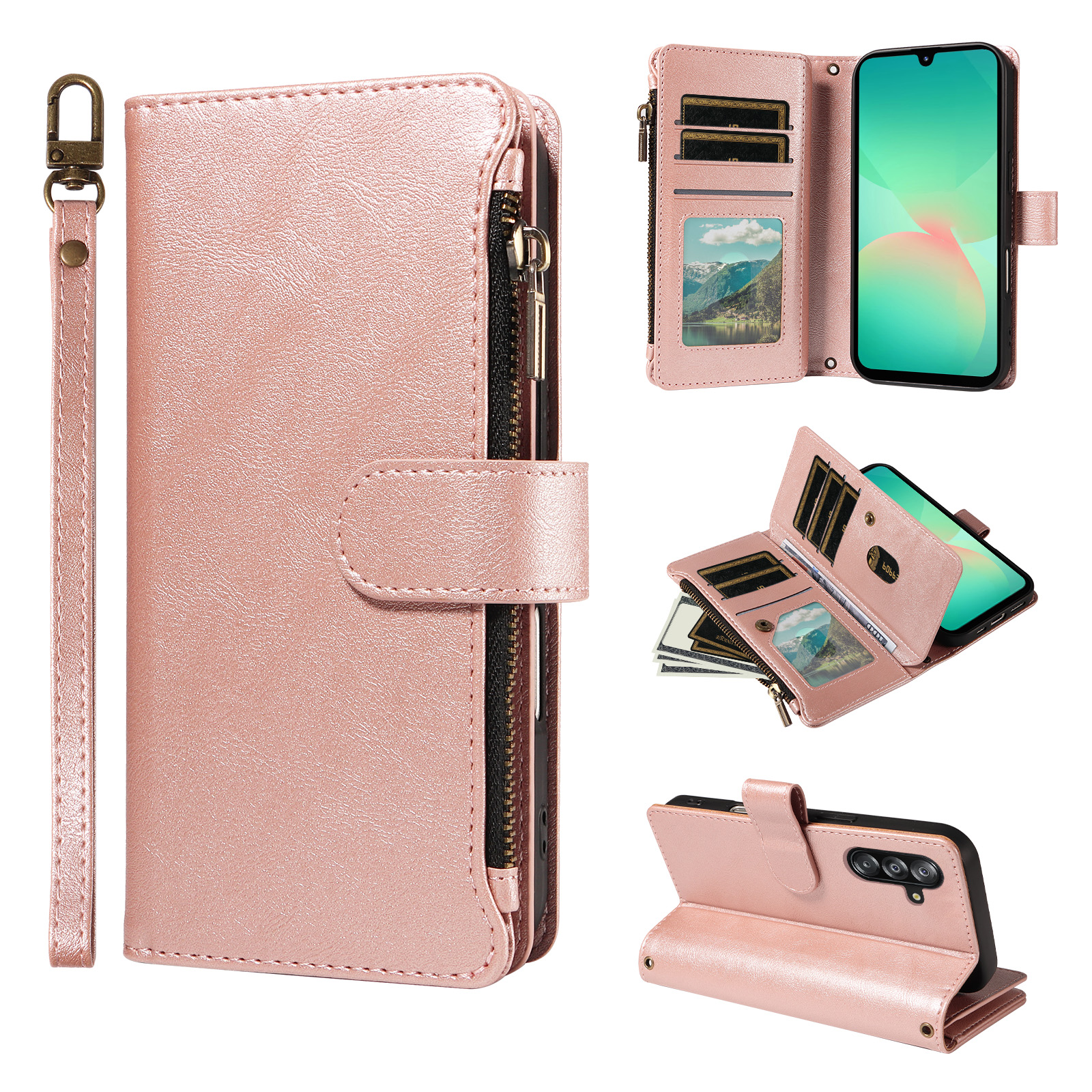 For Samsung Galaxy A16 5G / Galaxy A16 4G Leather Case 9 Card Slots Zipper Pocket Phone Cover with Wrist Strap - Rose Gold