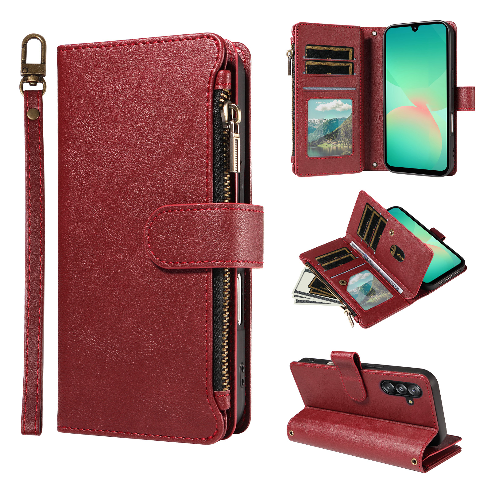 For Samsung Galaxy A16 5G / Galaxy A16 4G Leather Case 9 Card Slots Zipper Pocket Phone Cover with Wrist Strap - Wine Red