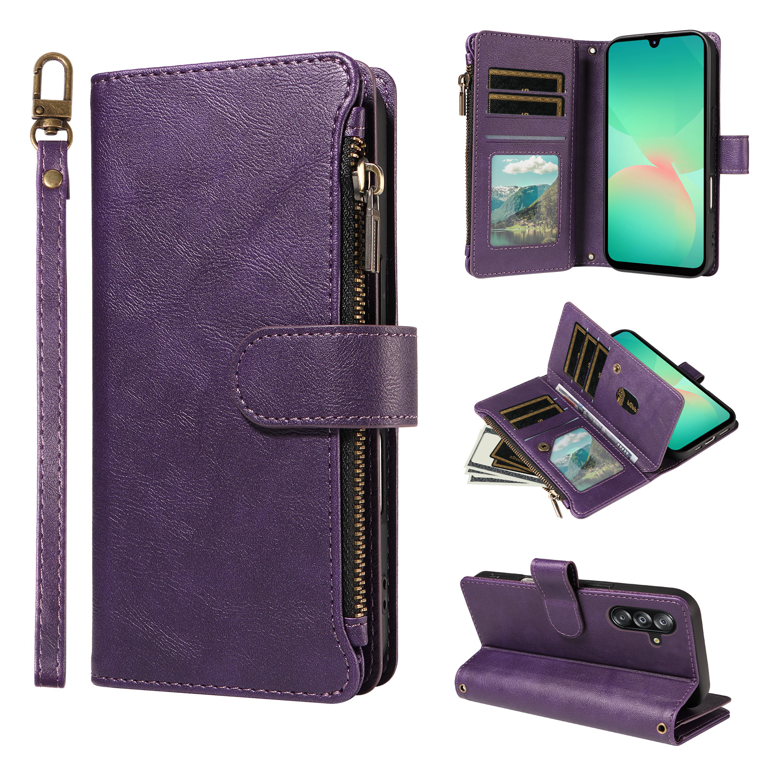 For Samsung Galaxy A16 5G / Galaxy A16 4G Leather Case 9 Card Slots Zipper Pocket Phone Cover with Wrist Strap - Purple