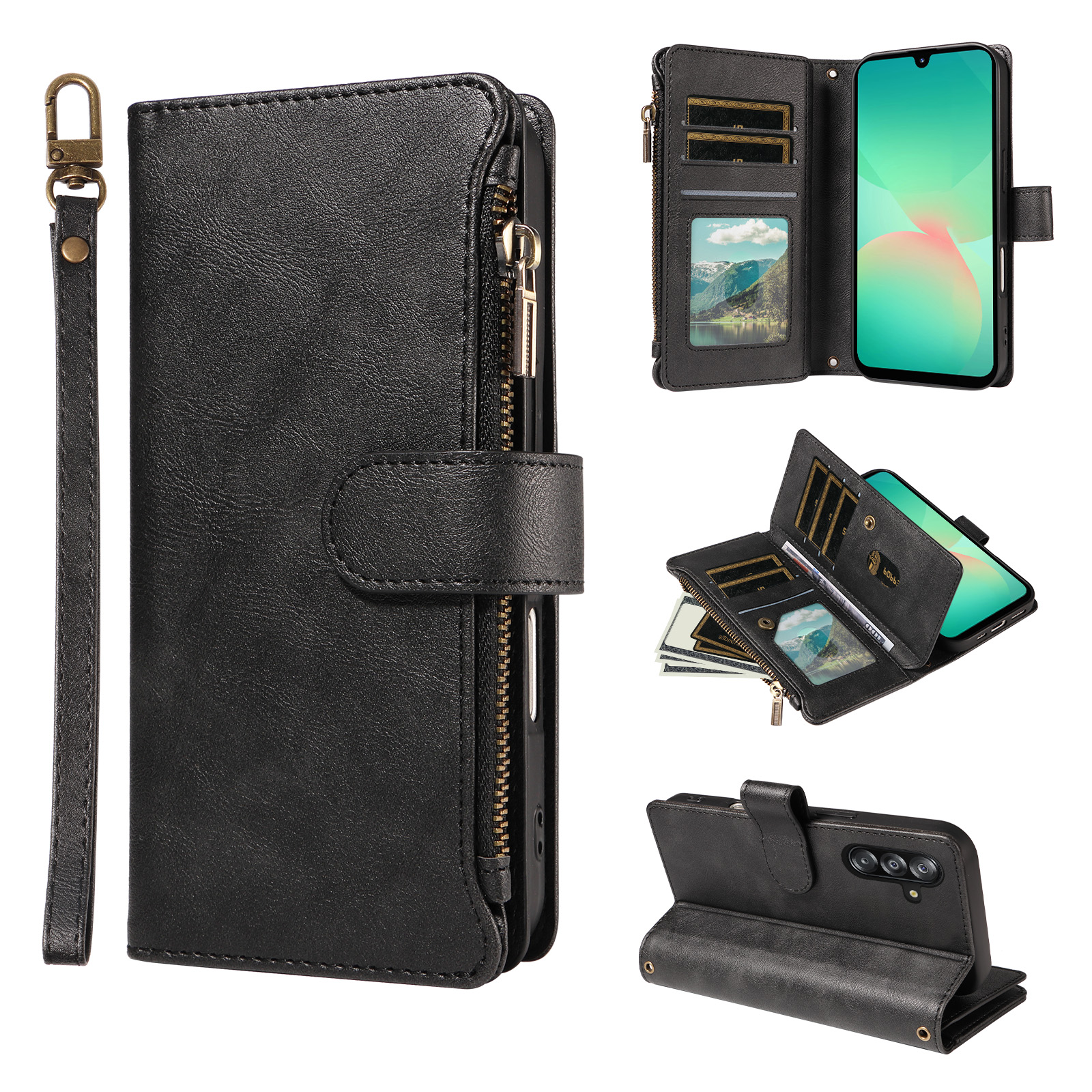 For Samsung Galaxy A16 5G / Galaxy A16 4G Leather Case 9 Card Slots Zipper Pocket Phone Cover with Wrist Strap - Black