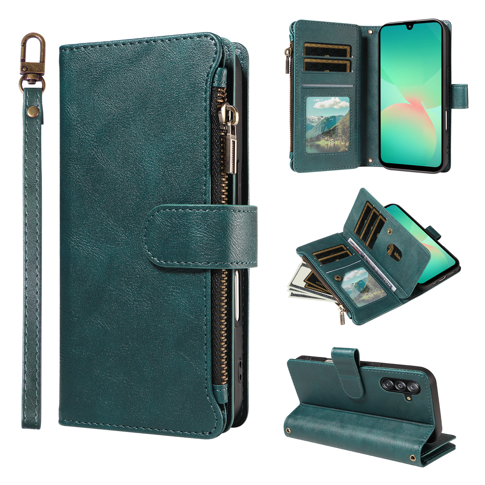 For Samsung Galaxy A16 5G / Galaxy A16 4G Leather Case 9 Card Slots Zipper Pocket Phone Cover with Wrist Strap - Green