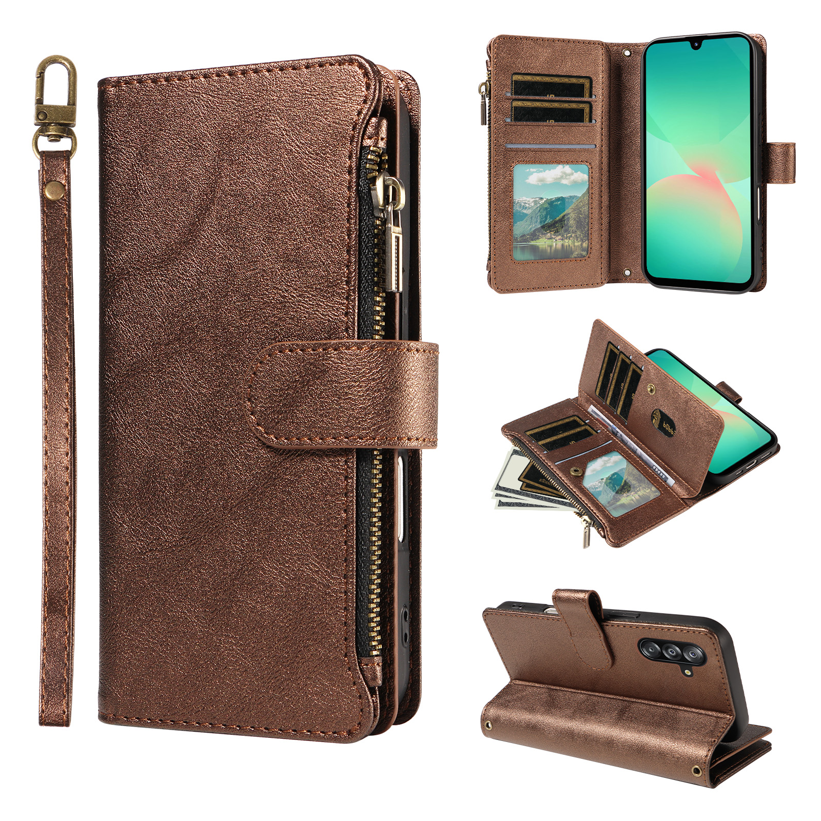 For Samsung Galaxy A16 5G / Galaxy A16 4G Leather Case 9 Card Slots Zipper Pocket Phone Cover with Wrist Strap - Brown