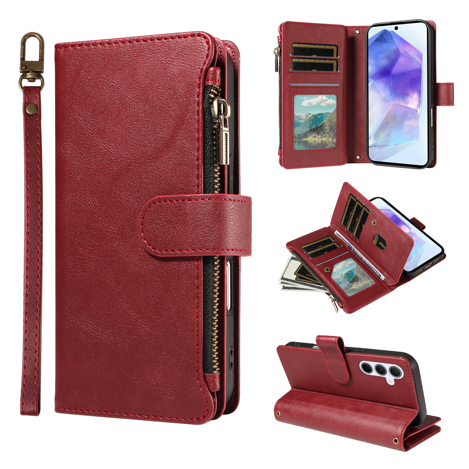 For Samsung Galaxy A55 5G Leather Case 9 Card Slots Zipper Pocket Phone Cover with Wrist Strap - Wine Red