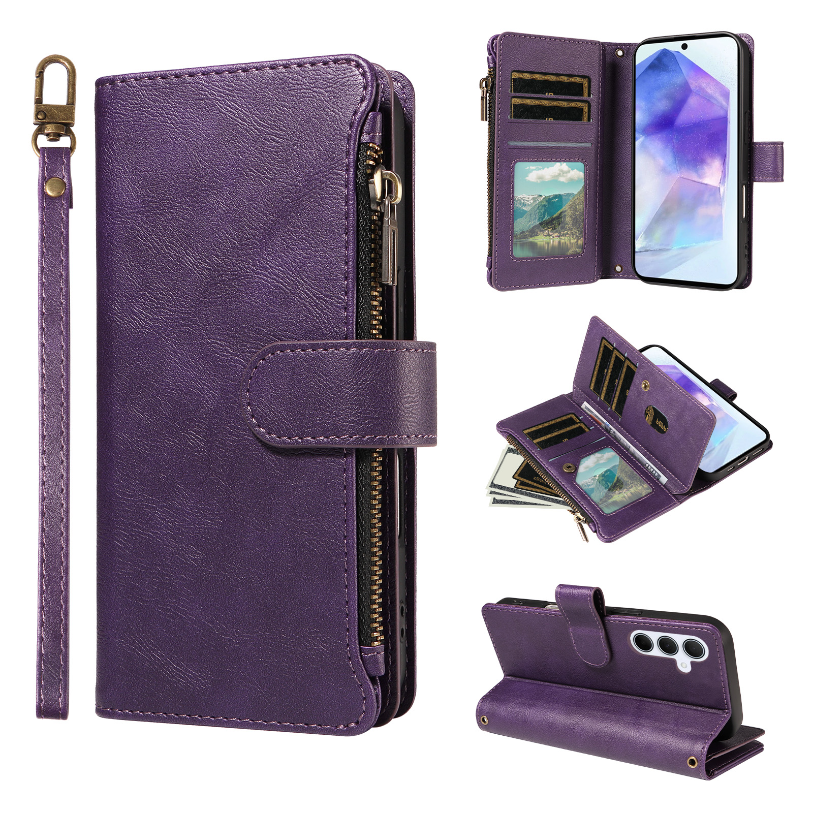 For Samsung Galaxy A55 5G Leather Case 9 Card Slots Zipper Pocket Phone Cover with Wrist Strap - Purple