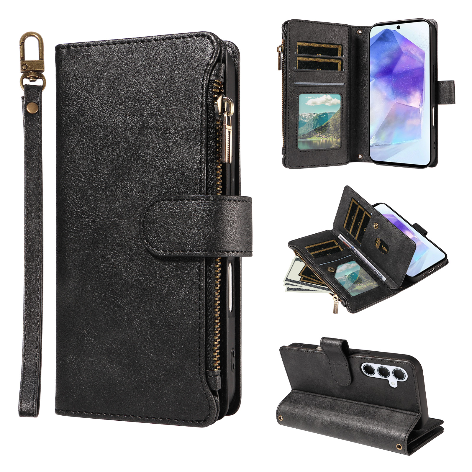 For Samsung Galaxy A55 5G Leather Case 9 Card Slots Zipper Pocket Phone Cover with Wrist Strap - Black