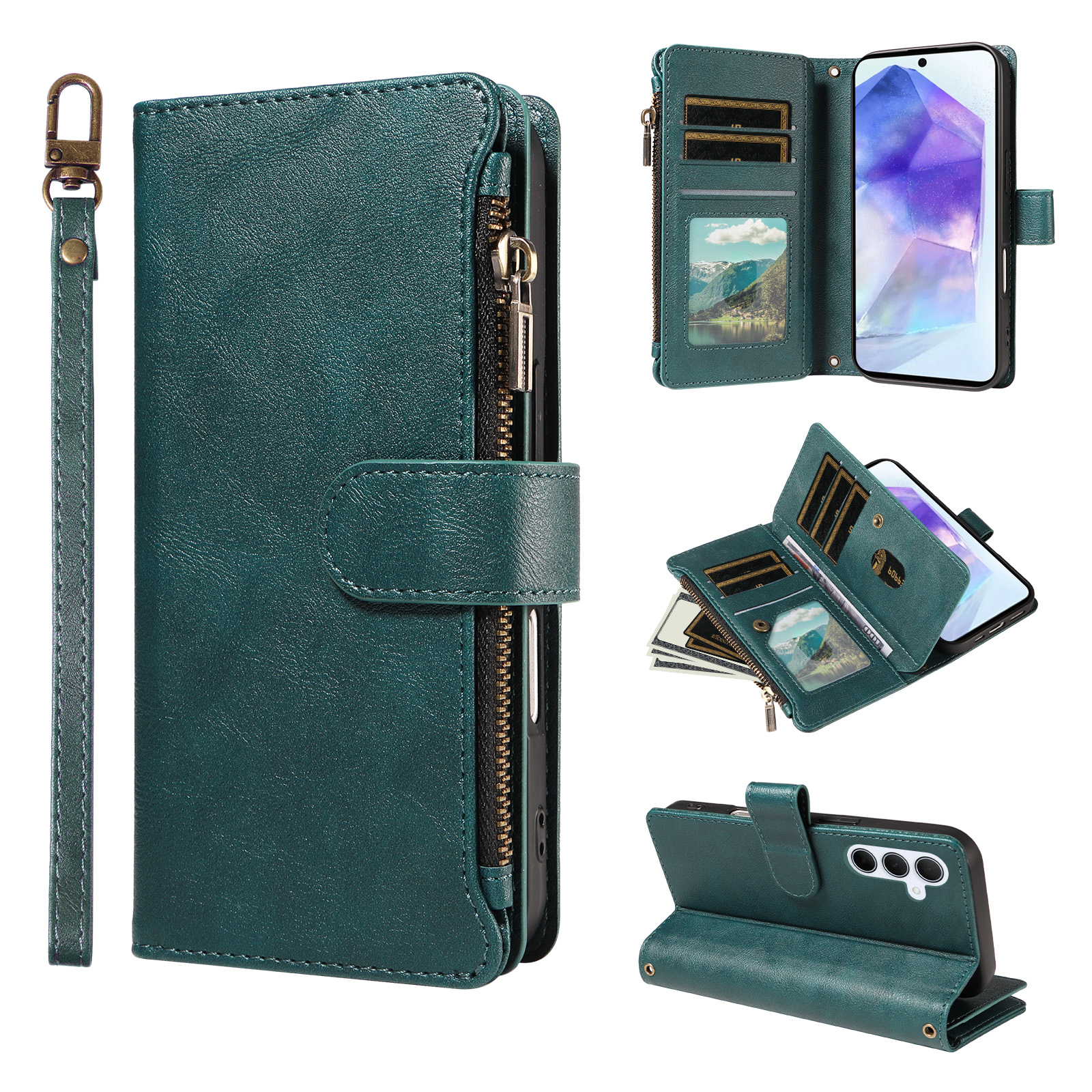 For Samsung Galaxy A55 5G Leather Case 9 Card Slots Zipper Pocket Phone Cover with Wrist Strap - Green
