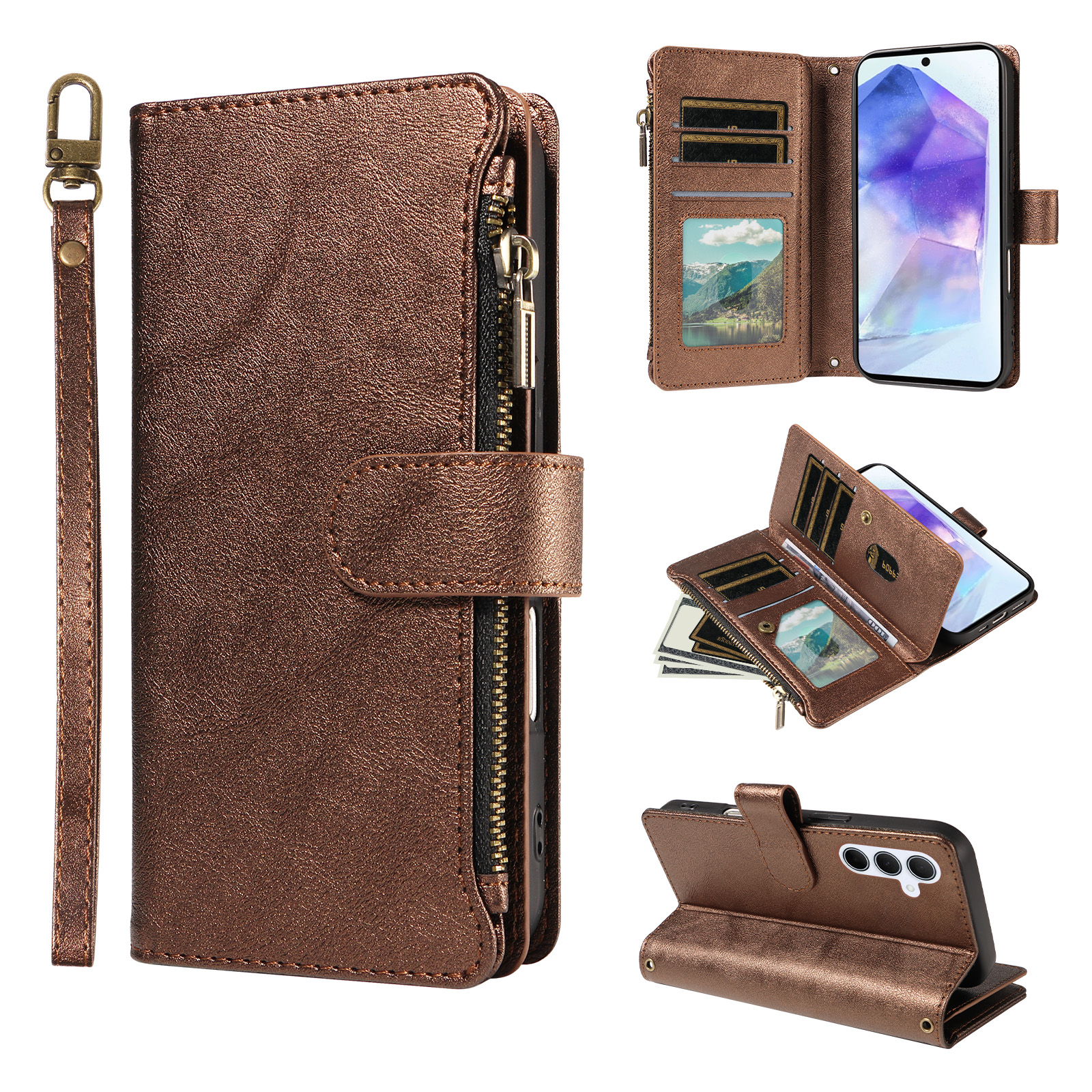 For Samsung Galaxy A55 5G Leather Case 9 Card Slots Zipper Pocket Phone Cover with Wrist Strap - Brown