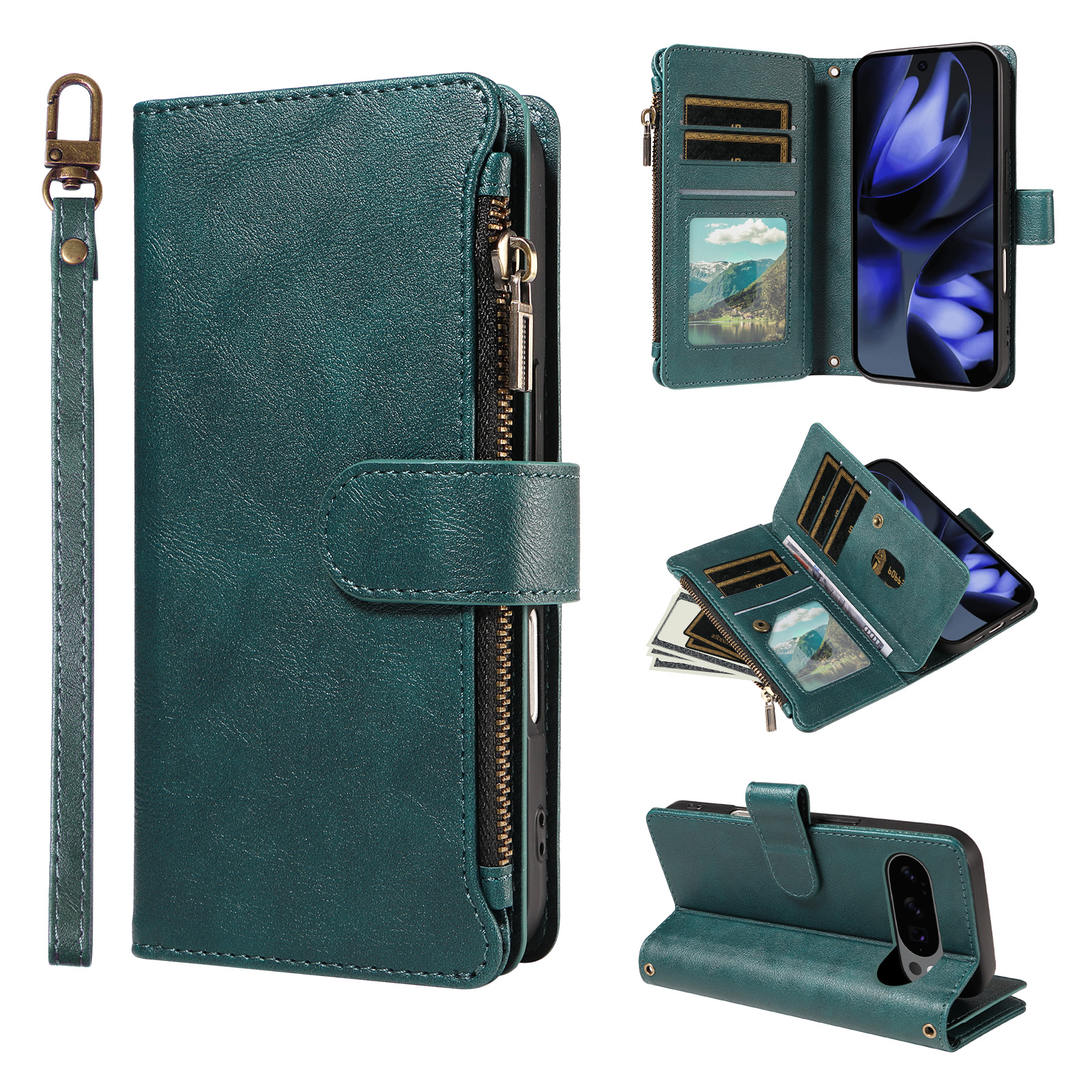 For Google Pixel 10 Pro Leather Case 9 Card Slots Zipper Pocket Phone Cover with Wrist Strap - Green